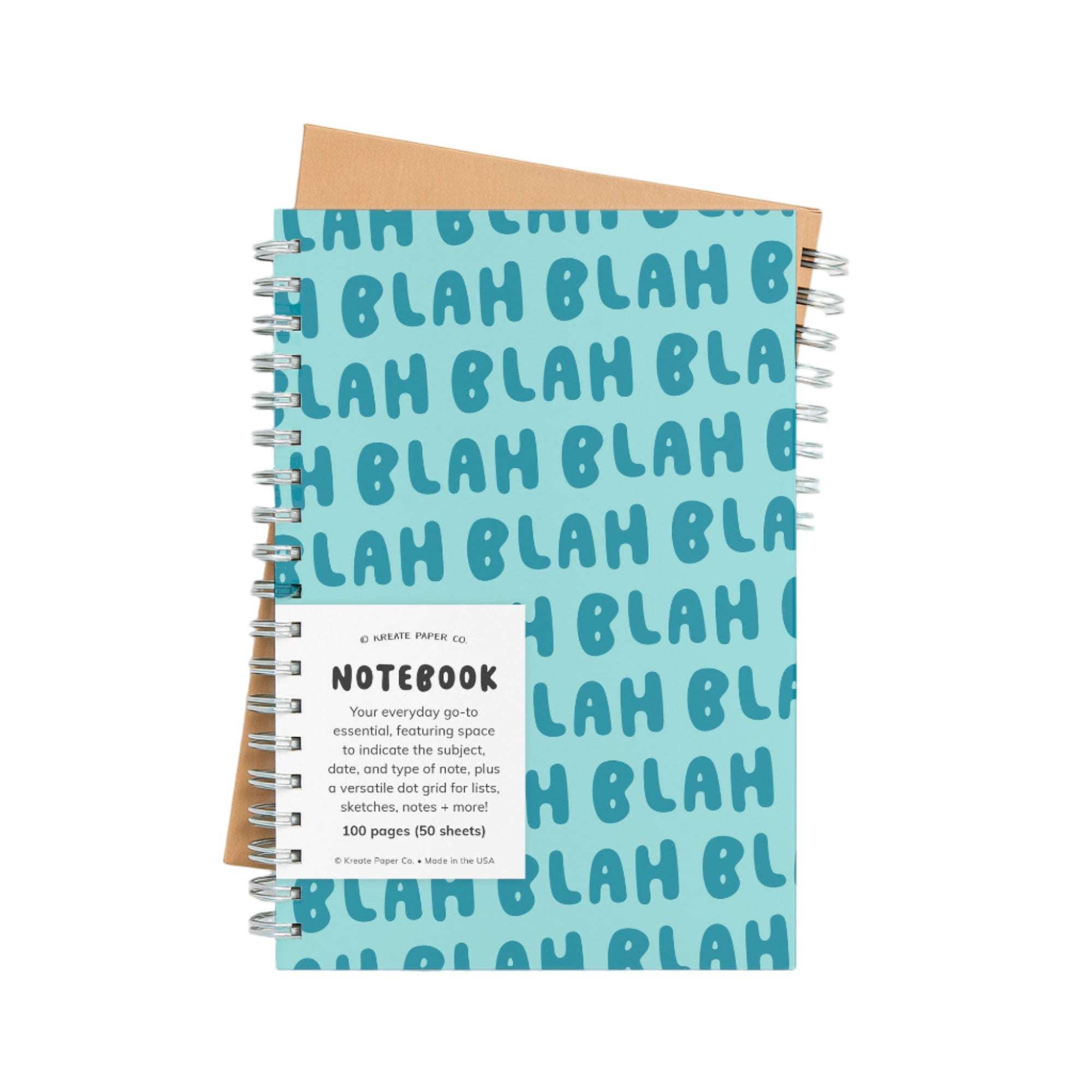 Blue spiral notebook with bold repeating typography “Blah” on cover – Funky Confetti