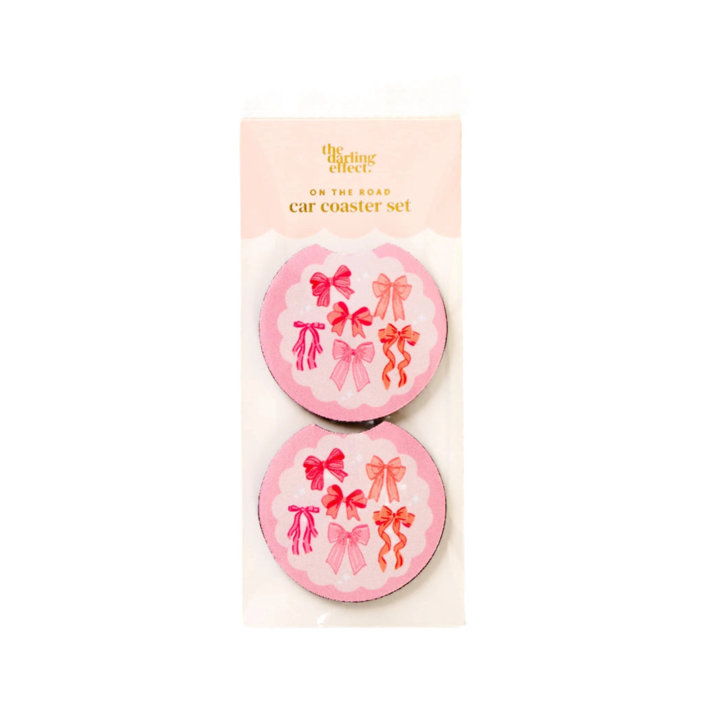 Blushing Bows car coaster set with pink and red bow designs – Funky Confetti