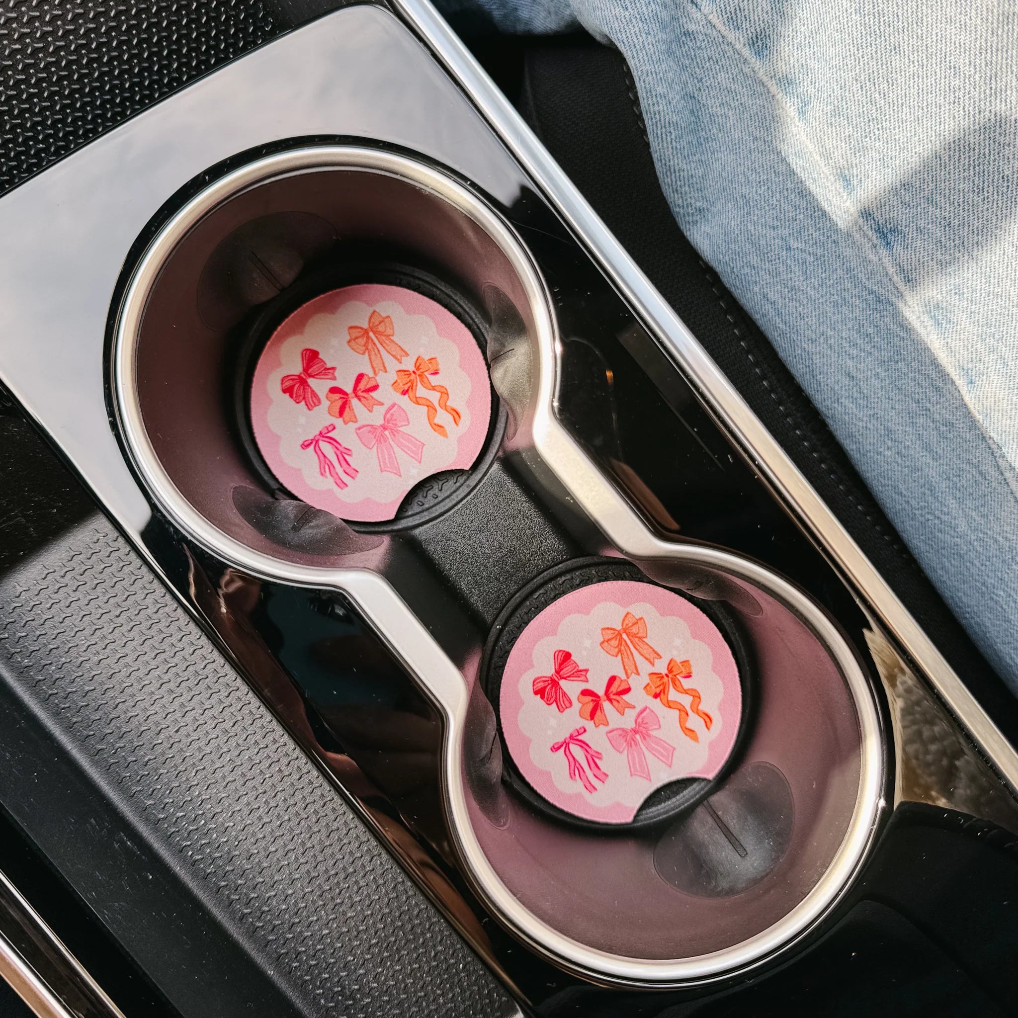 Blushing Bows car coaster set with pink and red bow designs – Funky Confetti