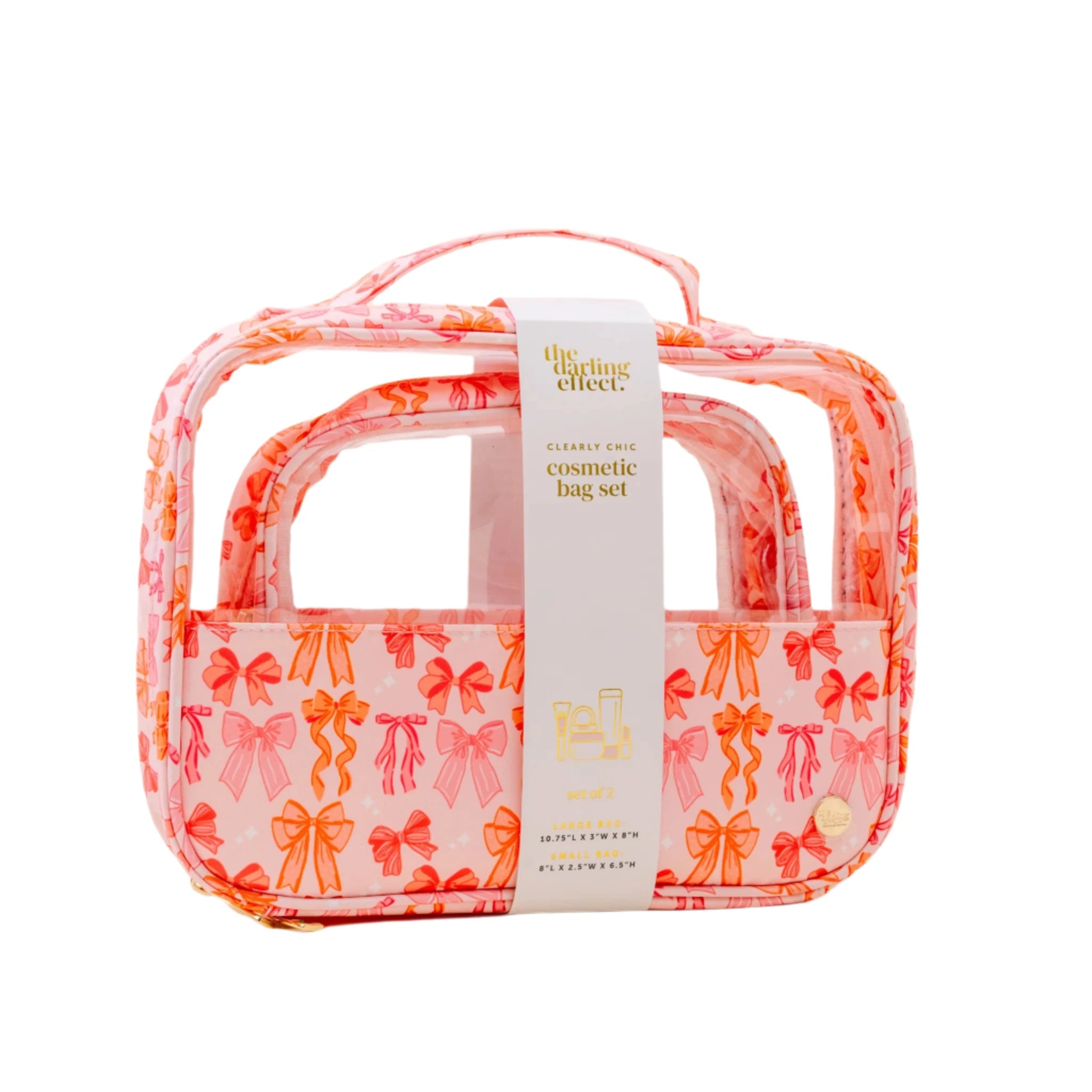 Blushing Bows clear cosmetic bag set with pink and coral bow print – two transparent travel makeup pouches by Funky Confetti