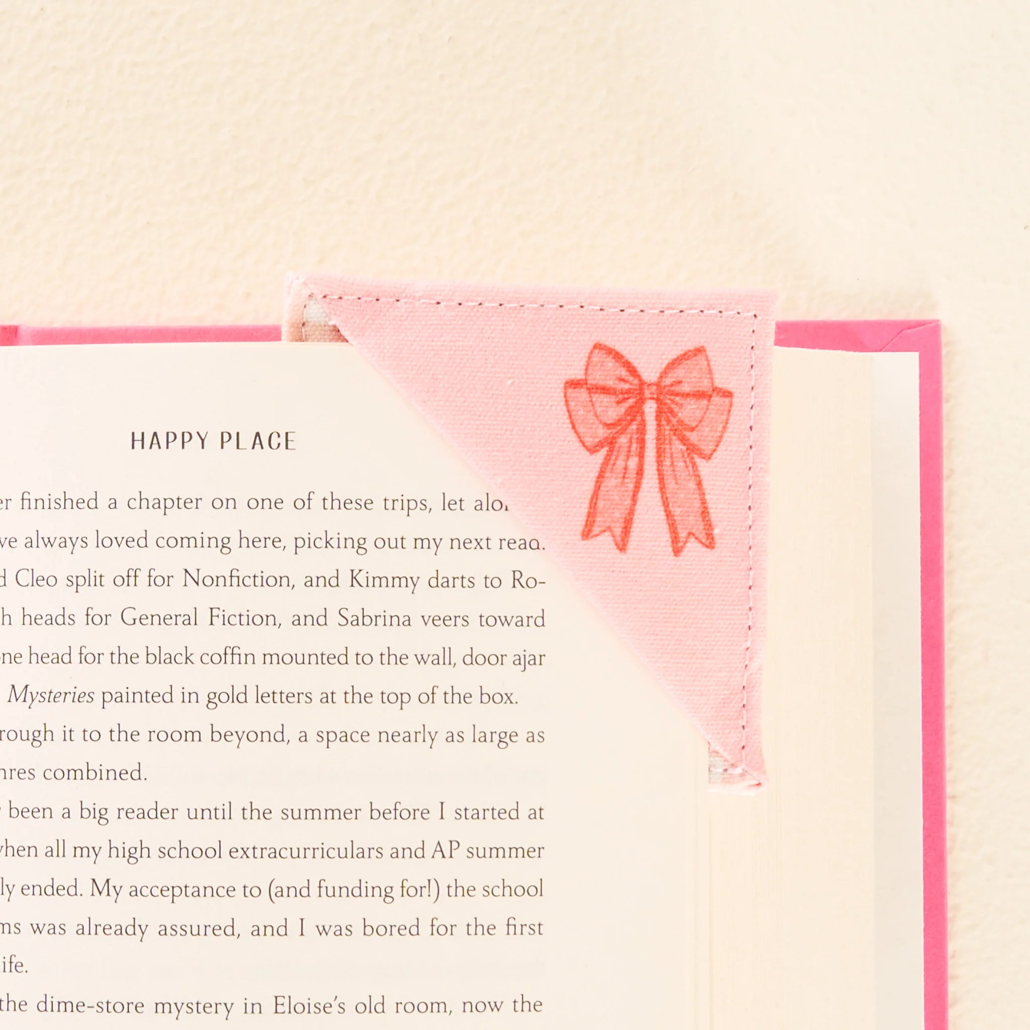 Pink gingham corner fabric bookmark with peach bow detail, quilted for book lovers – Funky Confetti