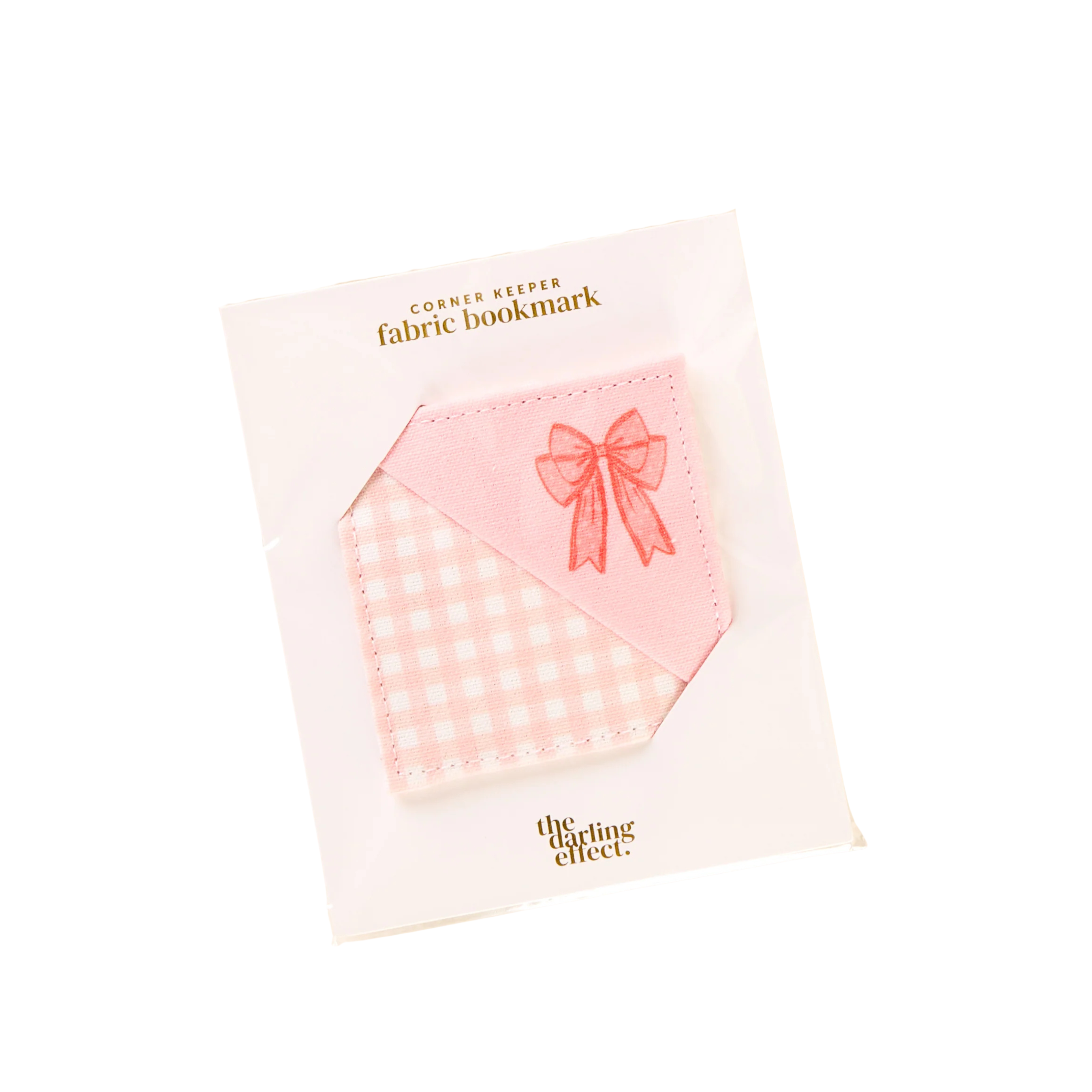 Pink gingham corner fabric bookmark with peach bow detail, quilted for book lovers – Funky Confetti