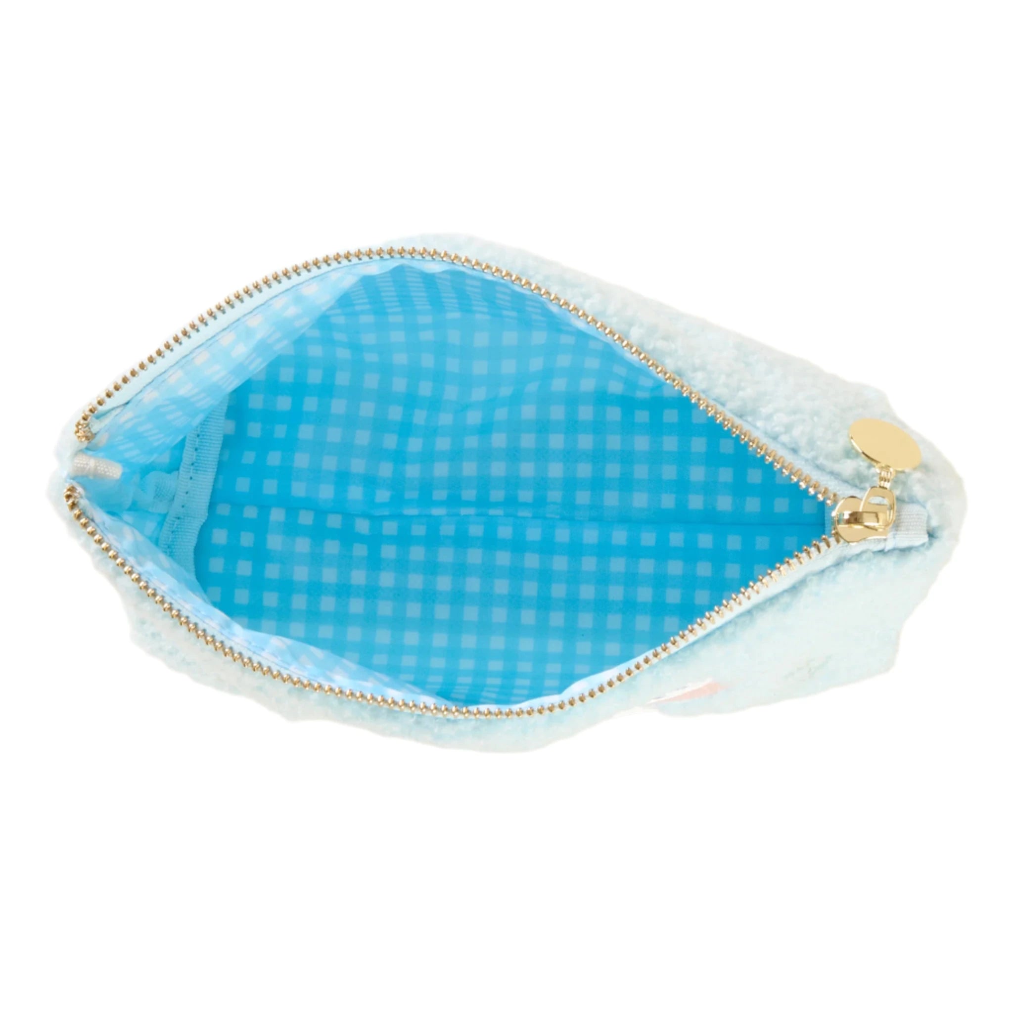 Light blue sherpa pouch with embroidered bunnies and floral details – Funky Confetti