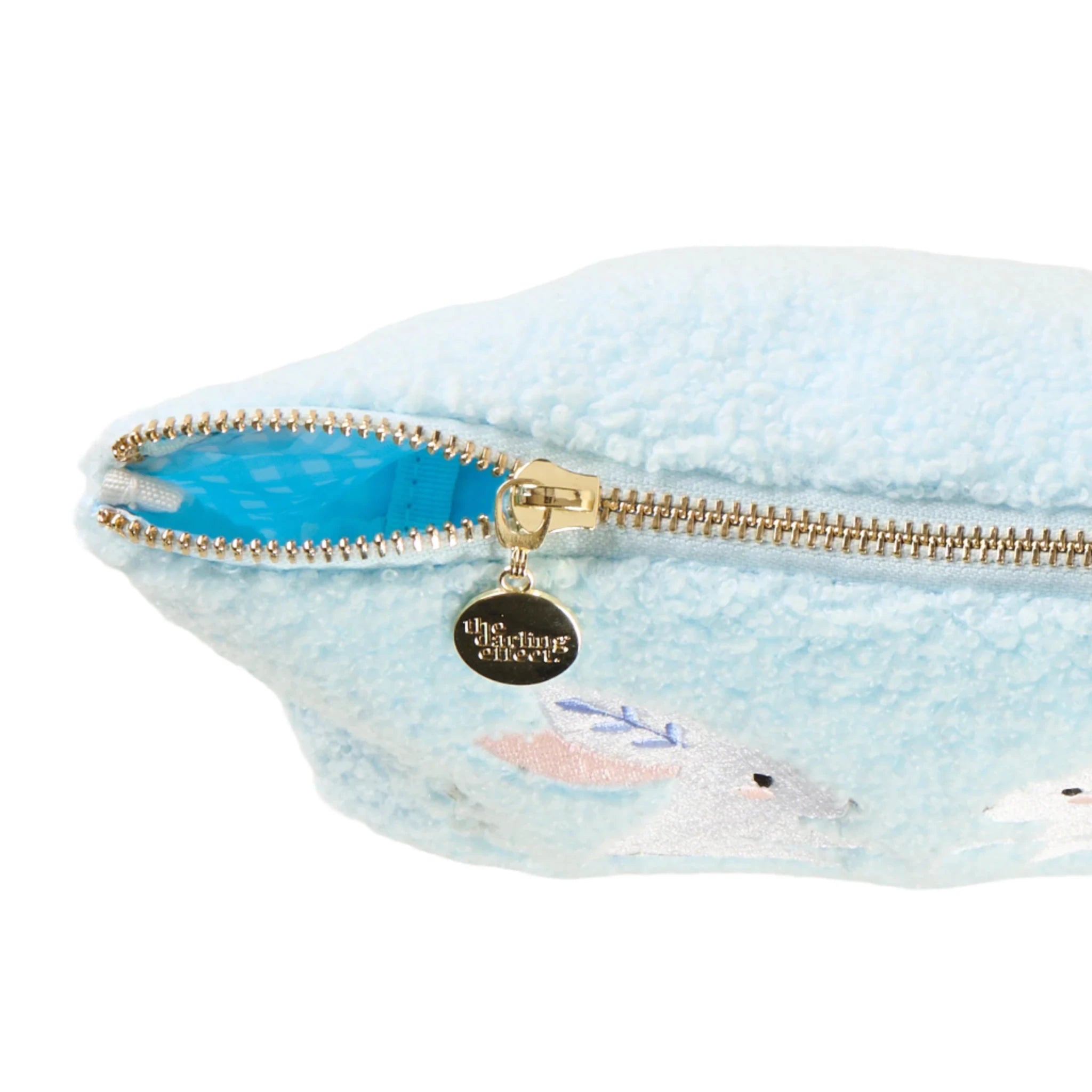 Light blue sherpa pouch with embroidered bunnies and floral details – Funky Confetti