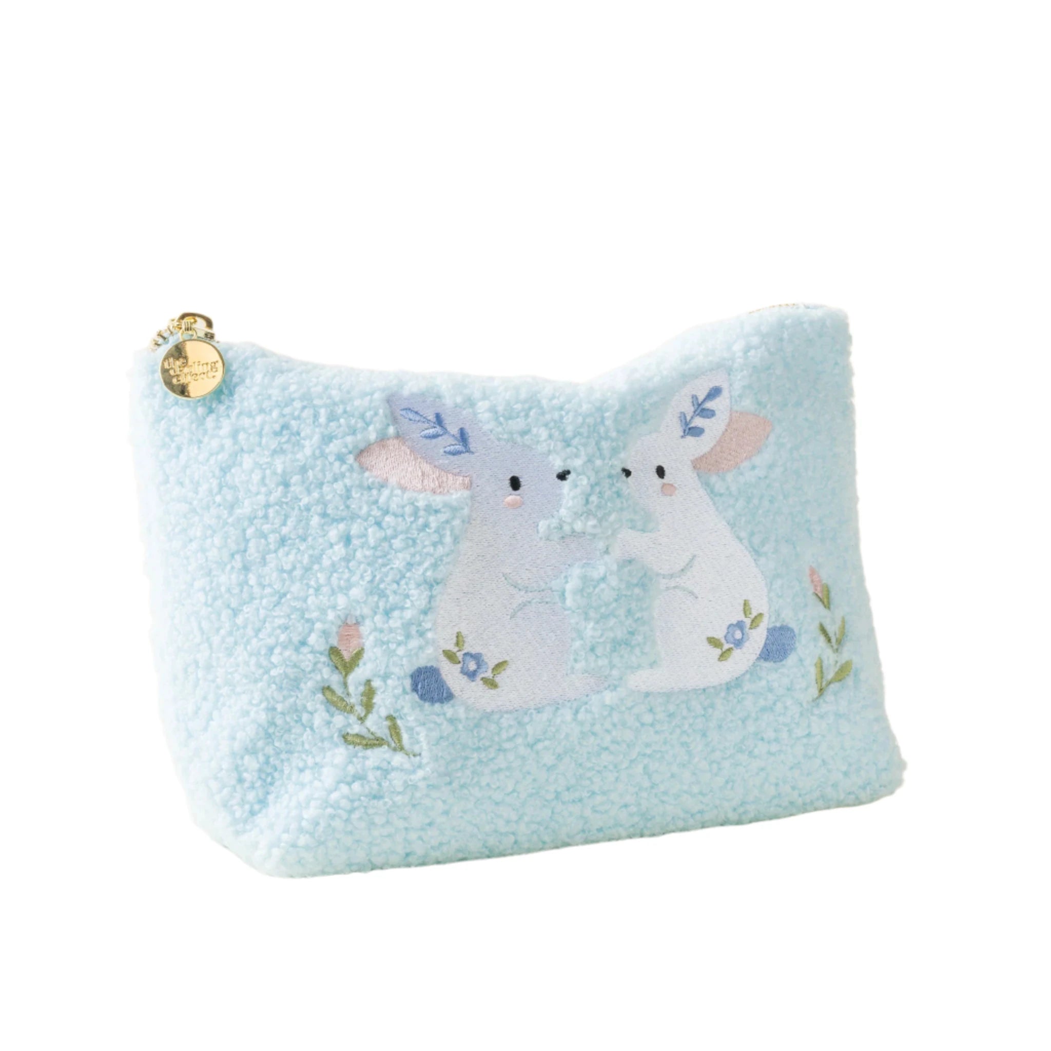 Light blue sherpa pouch with embroidered bunnies and floral details – Funky Confetti