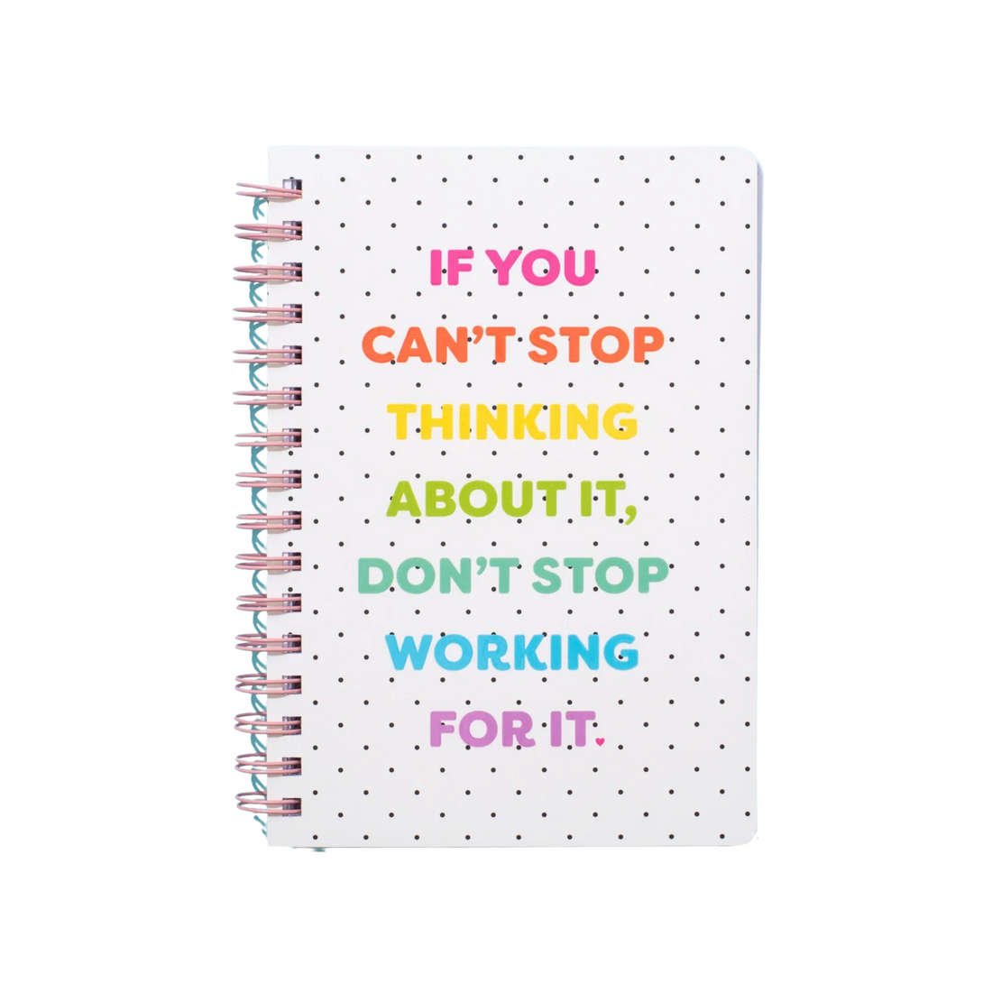 White spiral notebook with black polka dots and rainbow motivational text – Funky Confetti