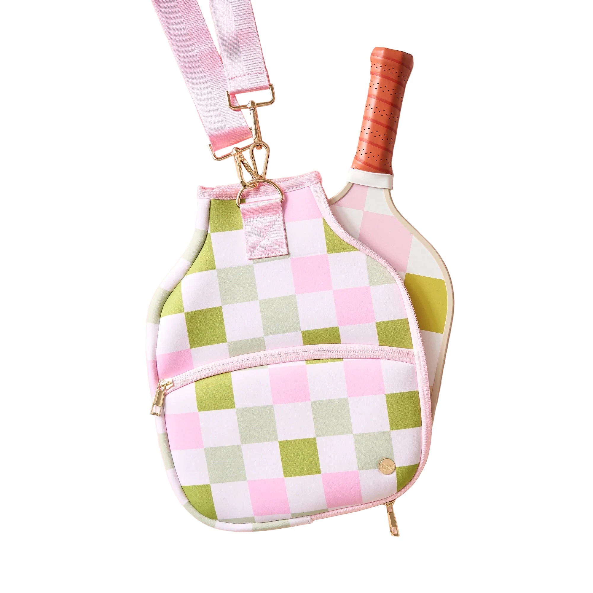 Pink and green checkered neoprene pickleball paddle case with front pocket and adjustable strap – Funky Confetti