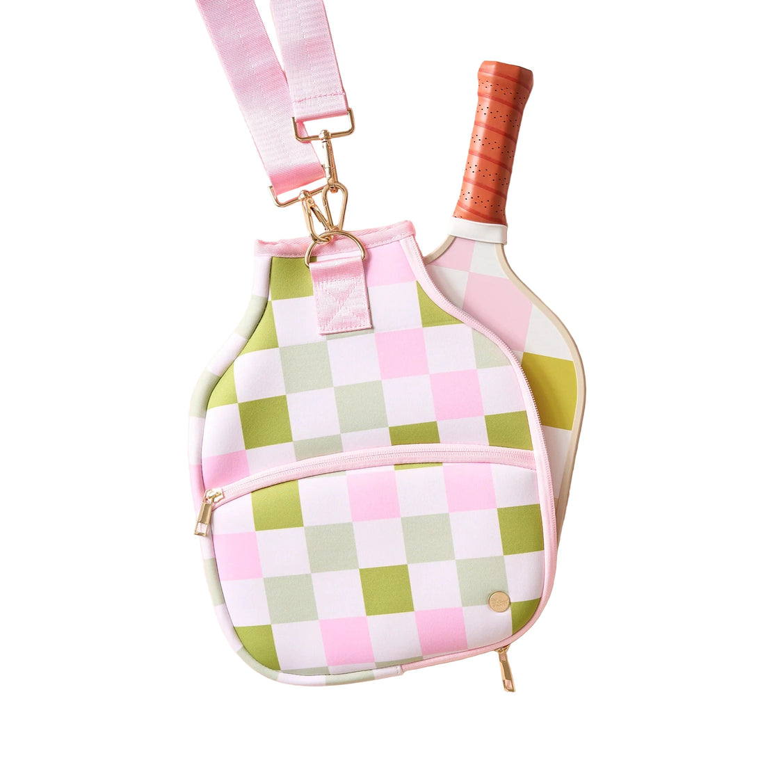 Pink and green checkered neoprene pickleball paddle case with front pocket and adjustable strap – Funky Confetti