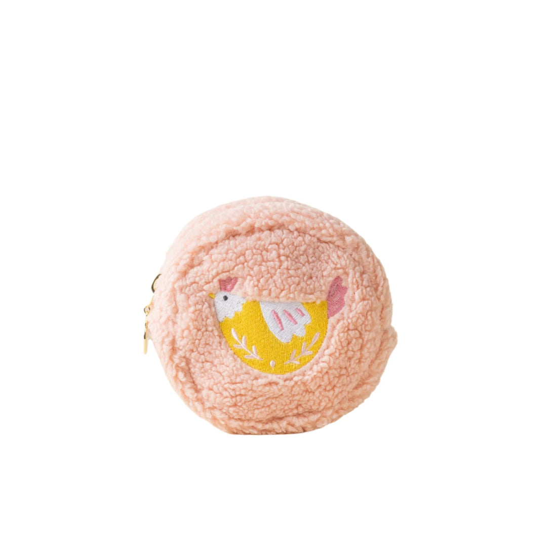 Spring Chicken Circle Teddy Pouch with embroidered yellow bird and sherpa fabric – Funky Confetti