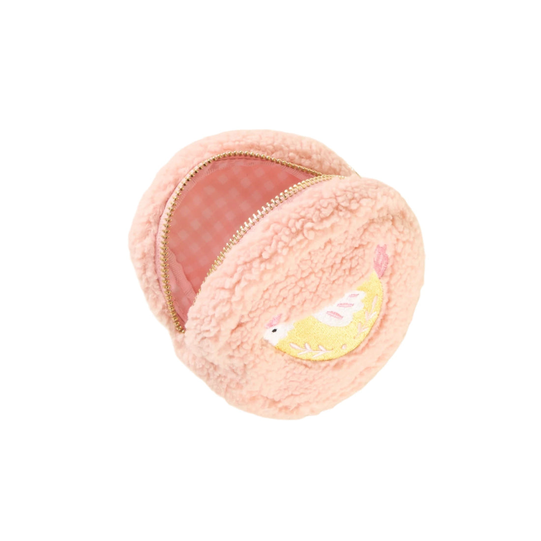 Spring Chicken Circle Teddy Pouch with embroidered yellow bird and sherpa fabric – Funky Confetti