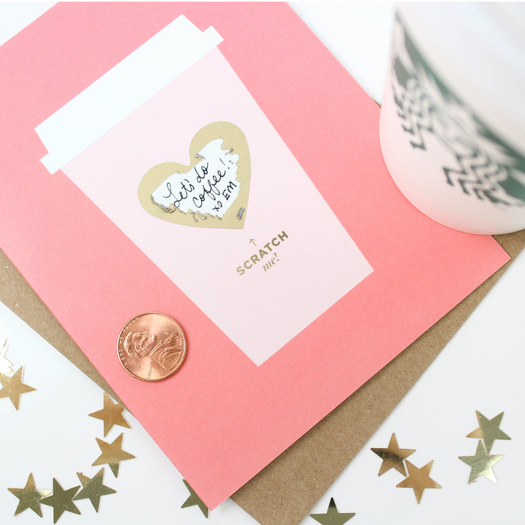 Coffee Love Scratch-Off Greeting Card with gold heart and hidden DIY message – Funky Confetti