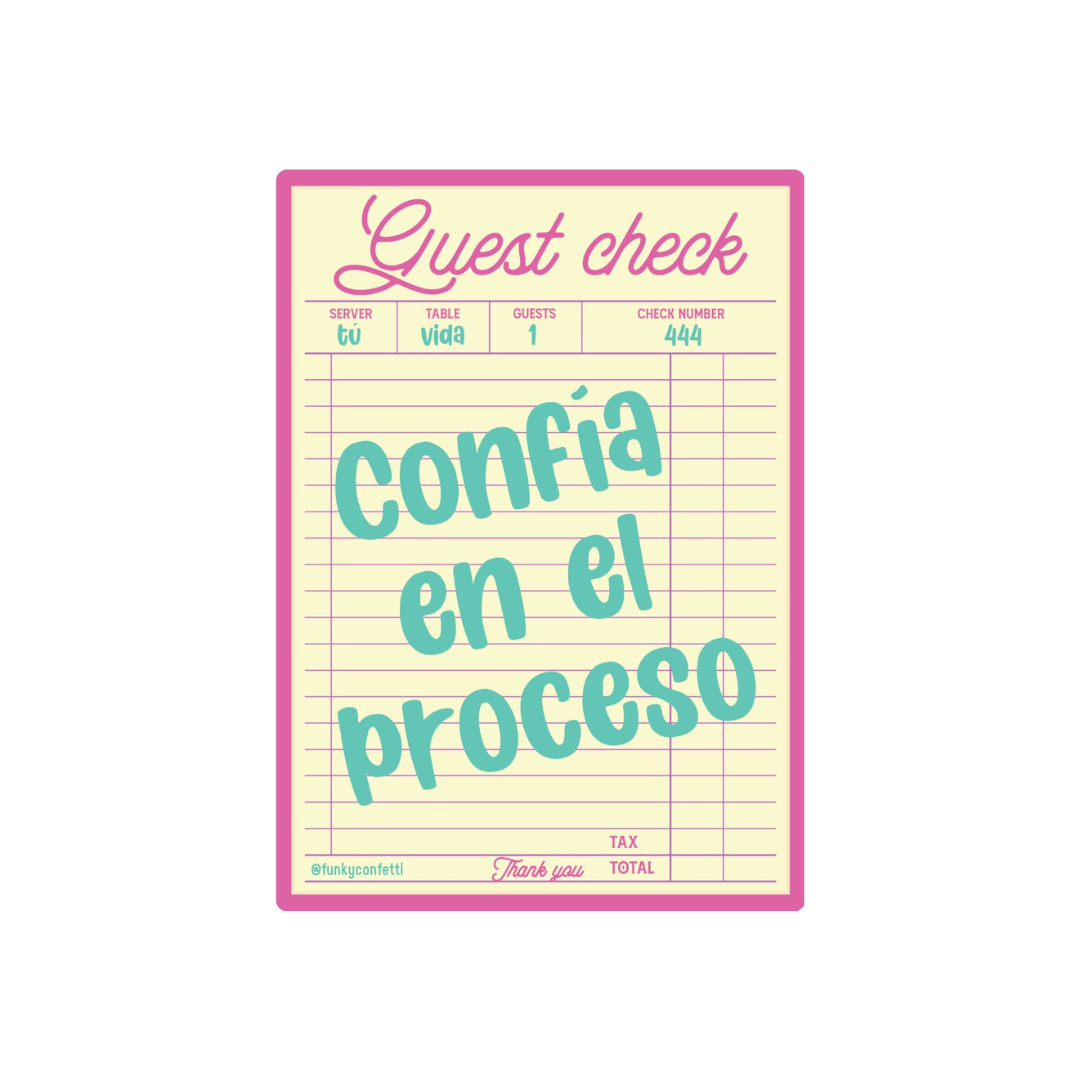 Confía En El Proceso waterproof vinyl sticker with retro guest check design in pastel pink and teal colors