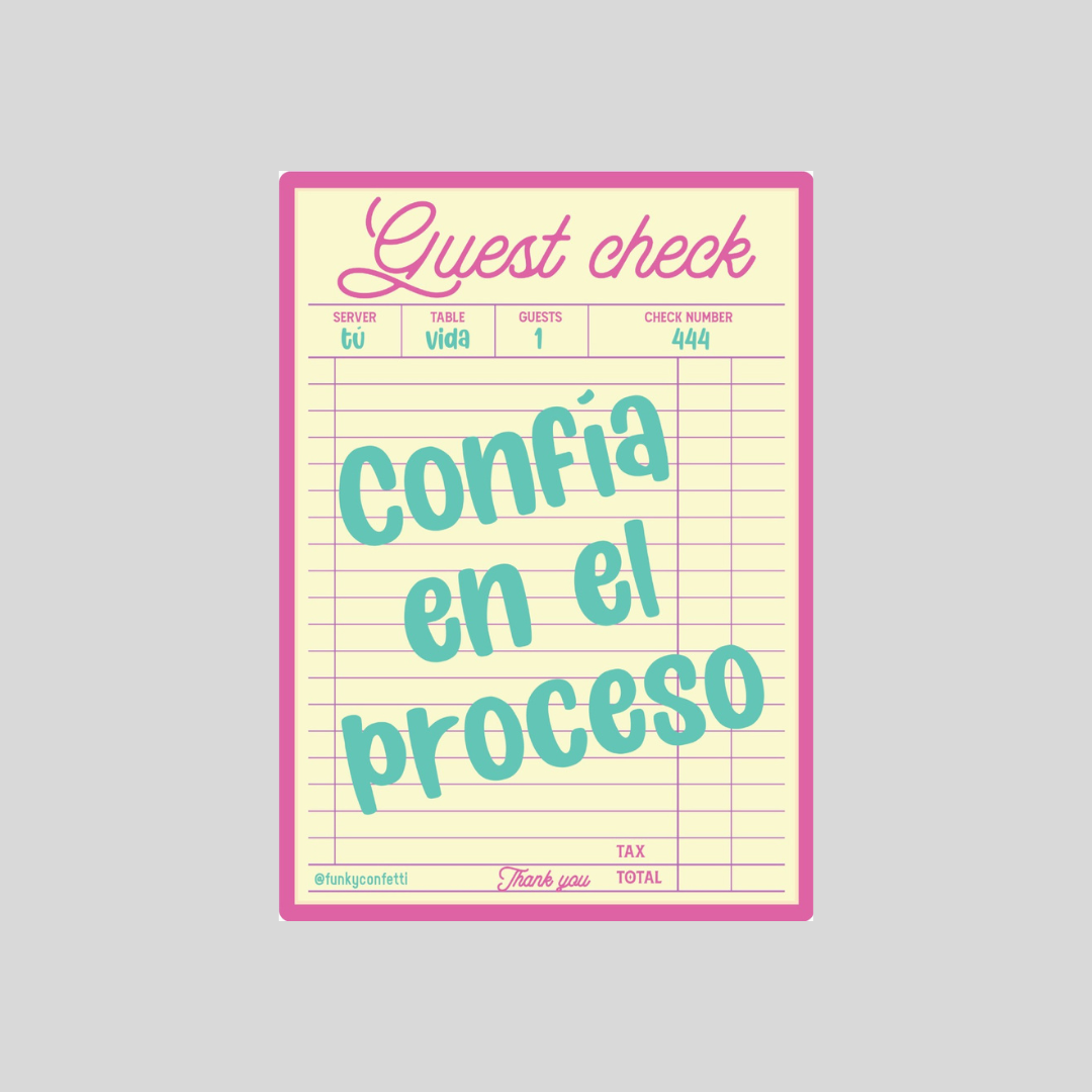 Confía En El Proceso waterproof vinyl sticker with retro guest check design in pastel pink and teal colors