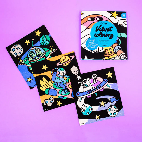 Cosmos velvet coloring pages set with 6 soft velvet sheets for kids – Funky Confetti