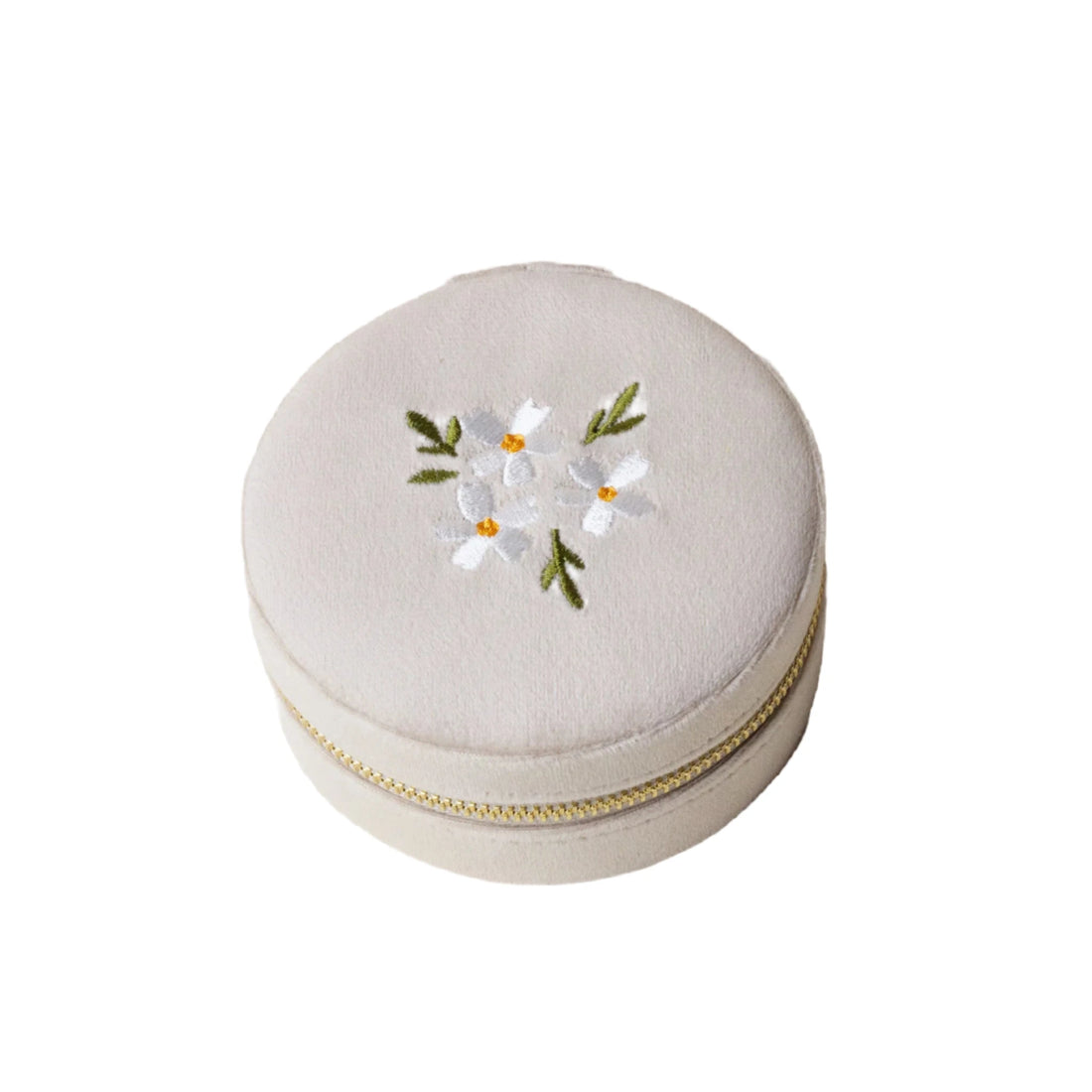 Round cream velvet jewelry case with floral embroidery and gold zipper – travel organizer from Funky Confetti