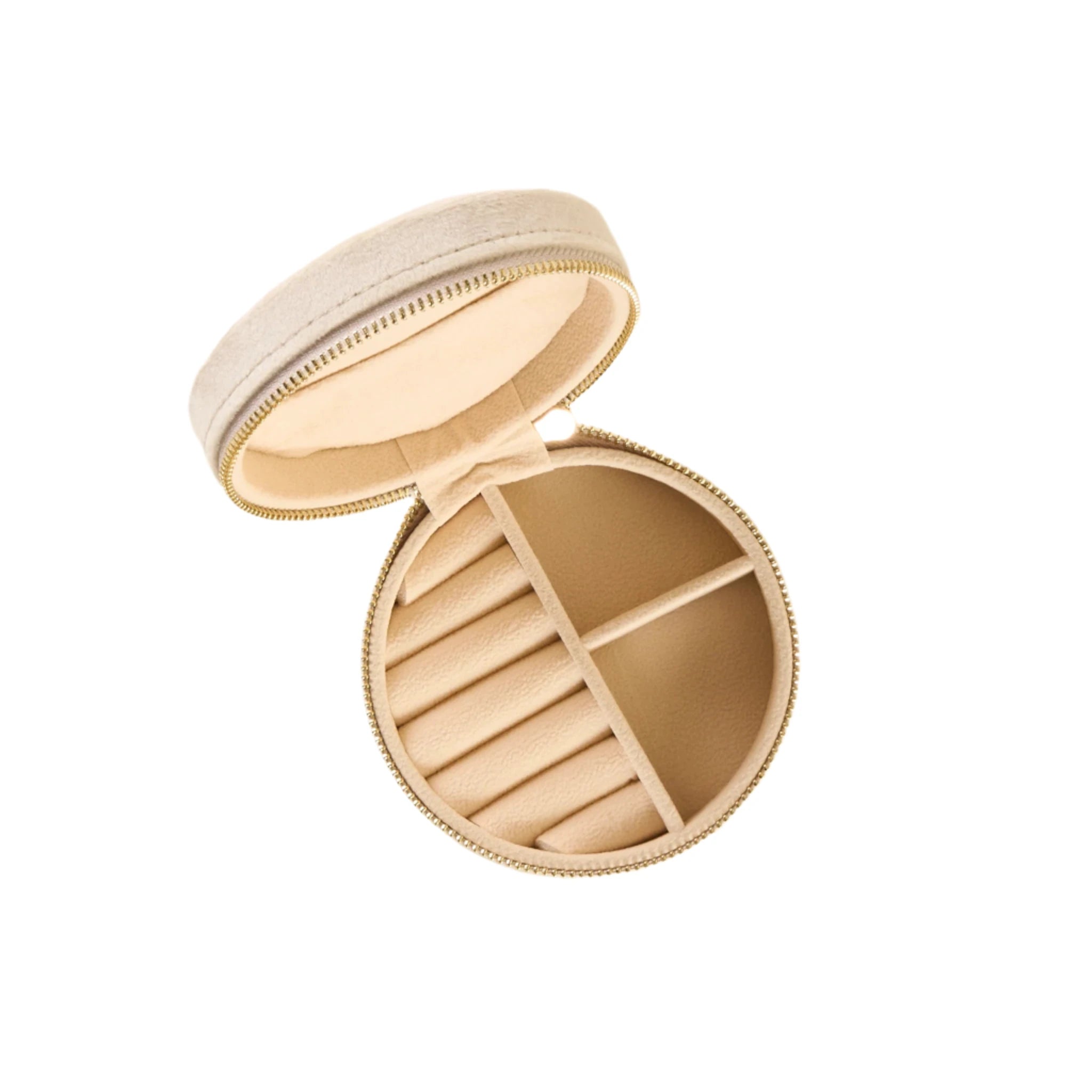 Round cream velvet jewelry case with floral embroidery and gold zipper – travel organizer from Funky Confetti