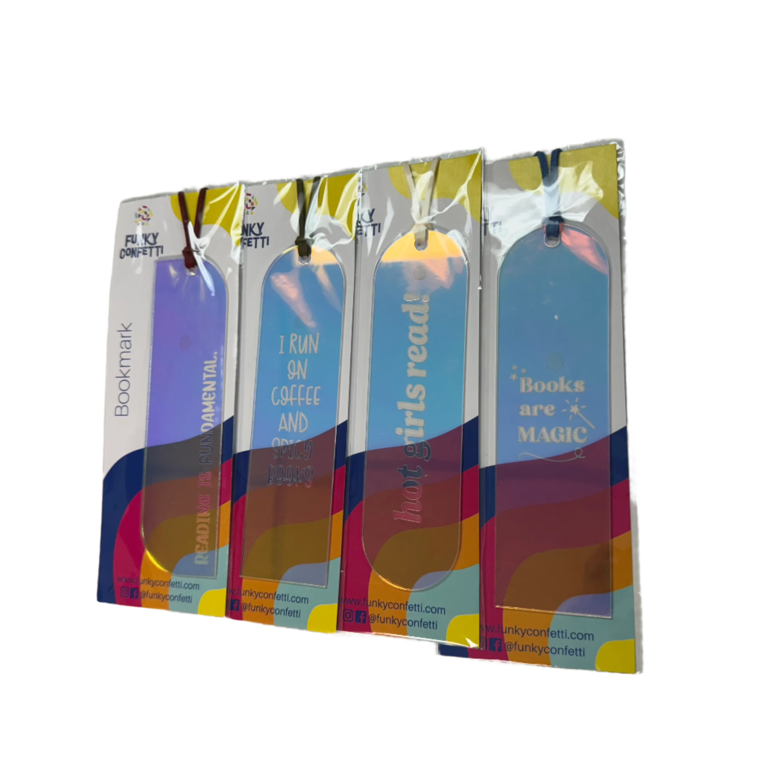 Custom holographic bookmark with engraved quote and colorful surprise cord – Funky Confetti