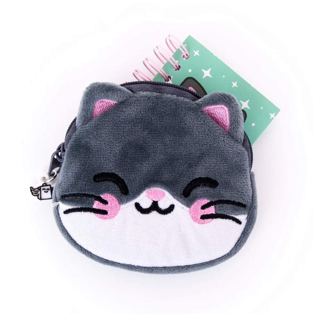 cute cat plush coin purse with keychain, mini notebook, and sticker sheet included