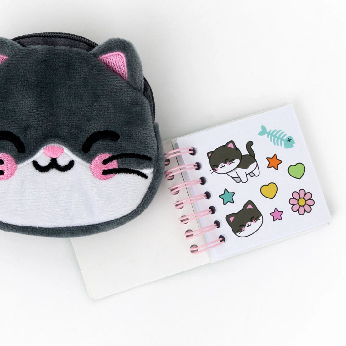 cute cat plush coin purse with keychain, mini notebook, and sticker sheet included