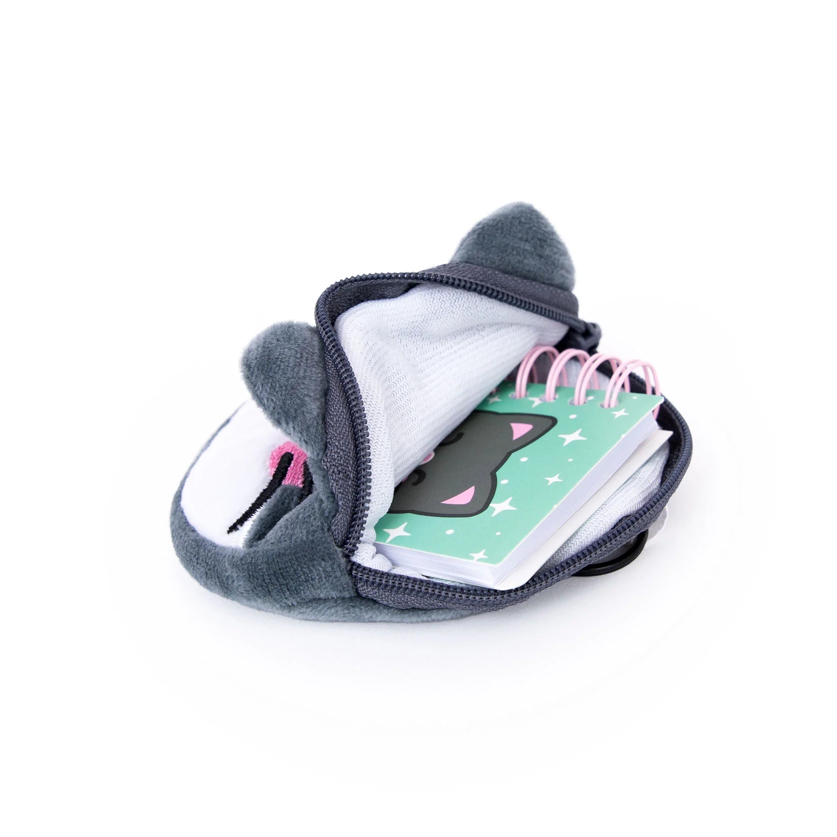 cute cat plush coin purse with keychain, mini notebook, and sticker sheet included