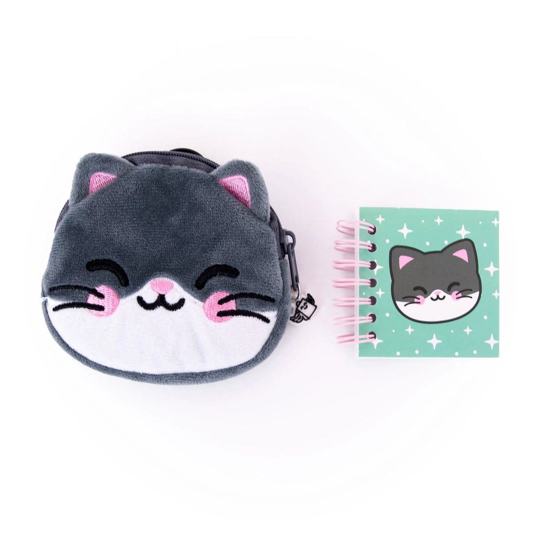 cute cat plush coin purse with keychain, mini notebook, and sticker sheet included
