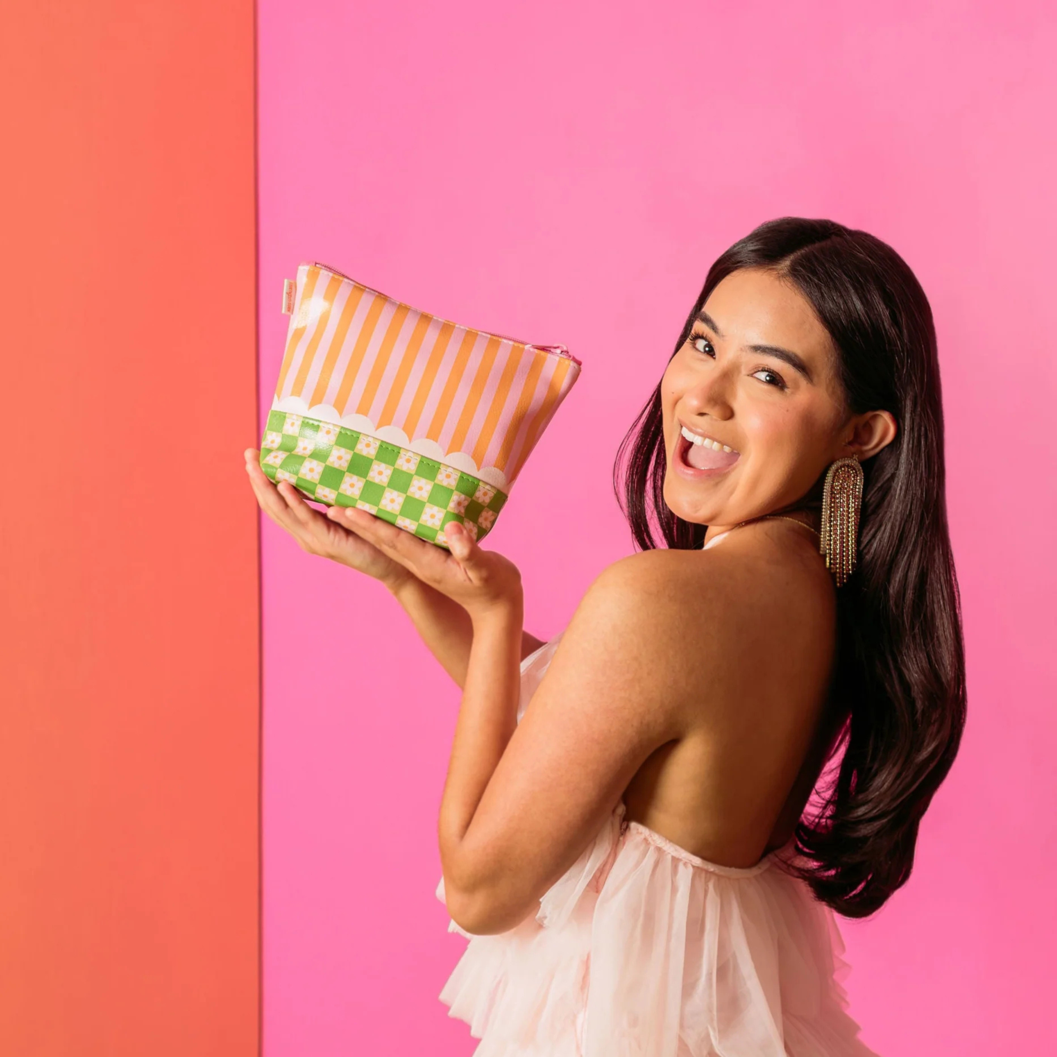 Colorful Daisies pouch with stripes and flower checkerboard design – Funky Confetti