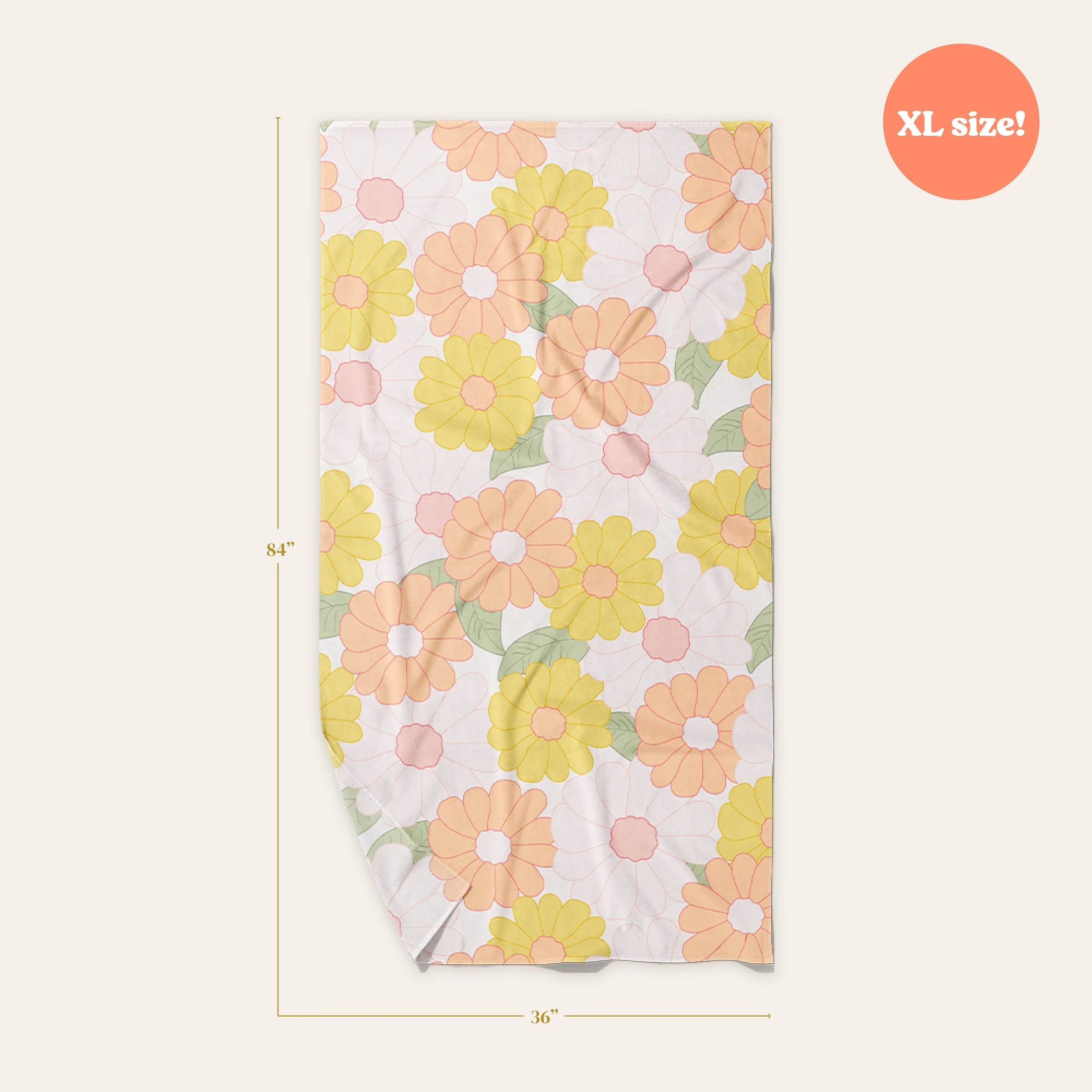 Daisy print XL quick-dry peach beach towel with yellow and pink floral pattern from Funky Confetti