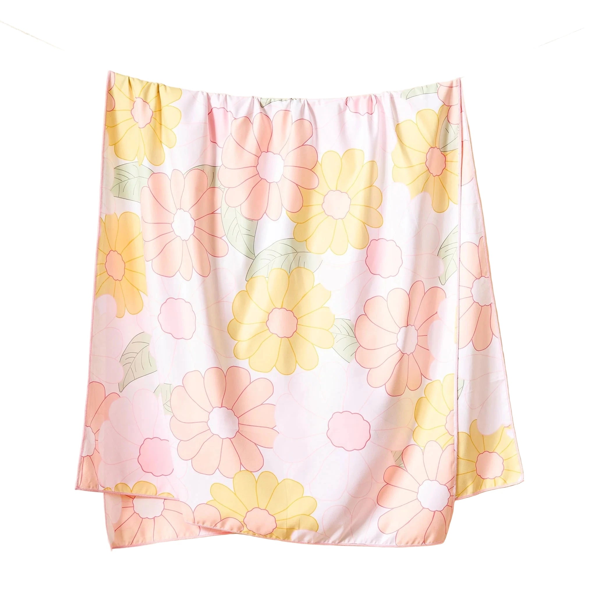 Daisy print XL quick-dry peach beach towel with yellow and pink floral pattern from Funky Confetti
