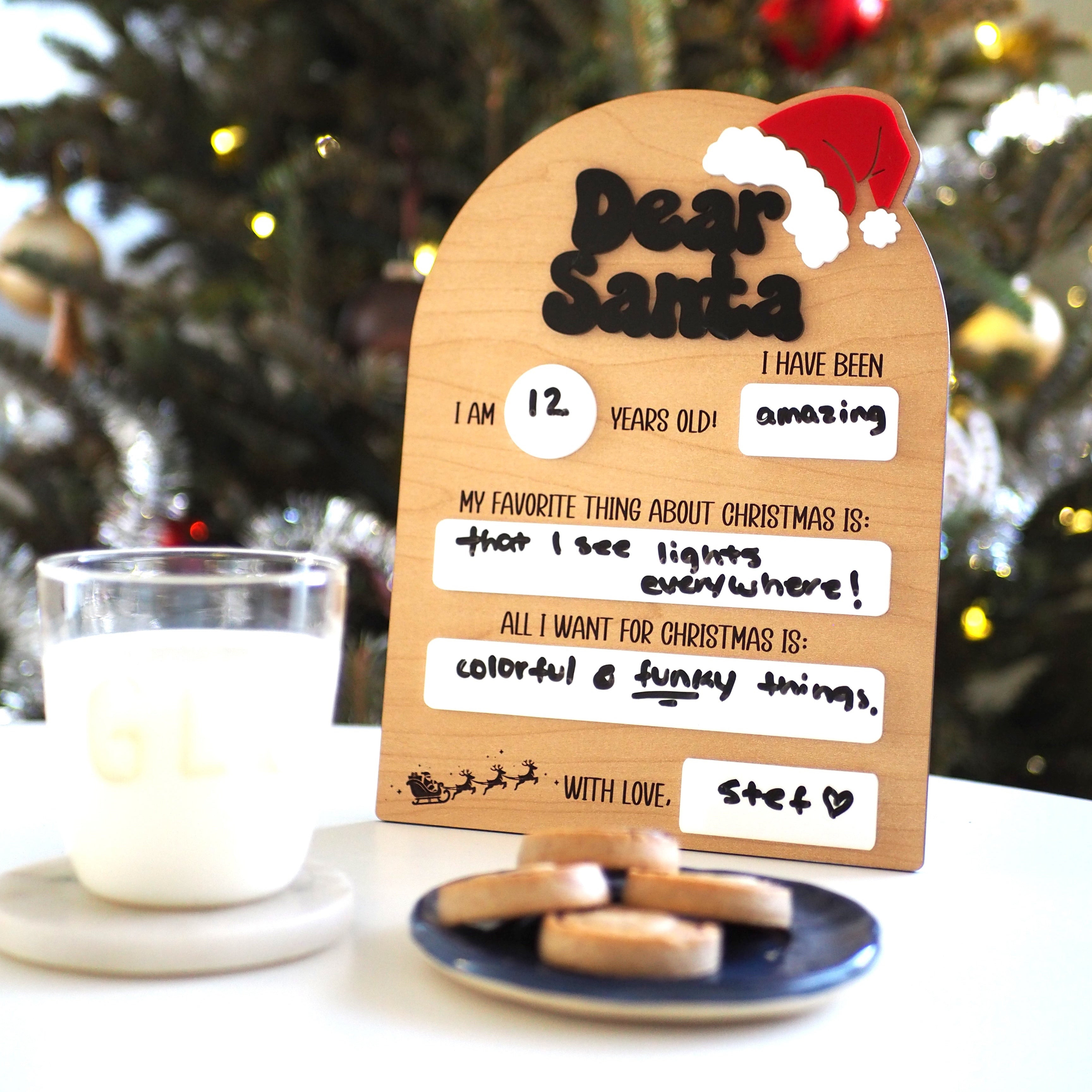 Dear Santa reusable dry-erase board, arch shape with prompts and Santa hat, 7.34 by 10 inches, includes erasable marker. - Funky Confetti