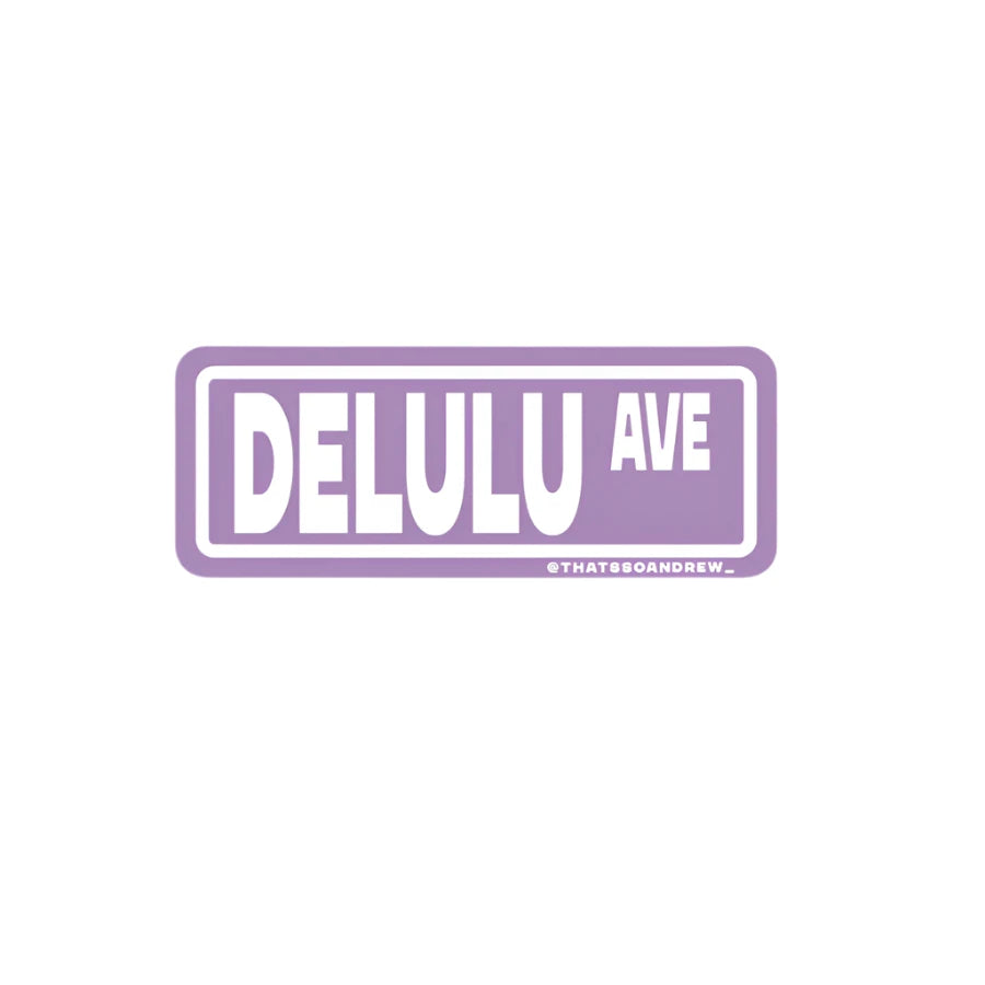 Purple vinyl sticker that reads “Delulu Ave” in street sign style, from Funky Confetti