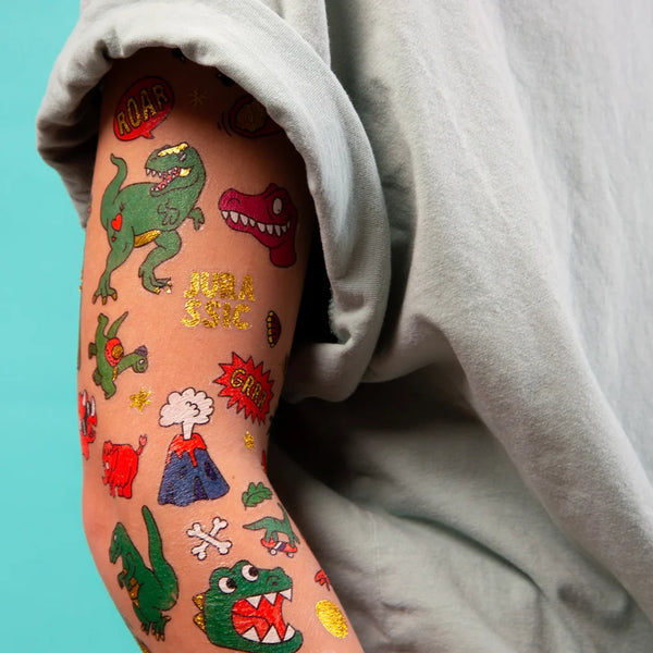 Dinos temporary tattoos set with 50 fun neon, gold, and colorful dinosaur designs, safe for kids – Funky Confetti