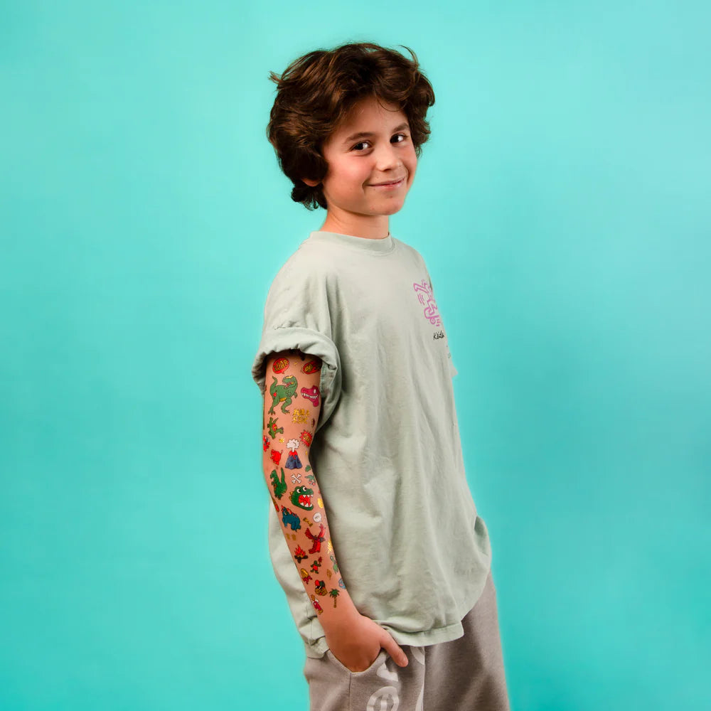Dinos temporary tattoos set with 50 fun neon, gold, and colorful dinosaur designs, safe for kids – Funky Confetti