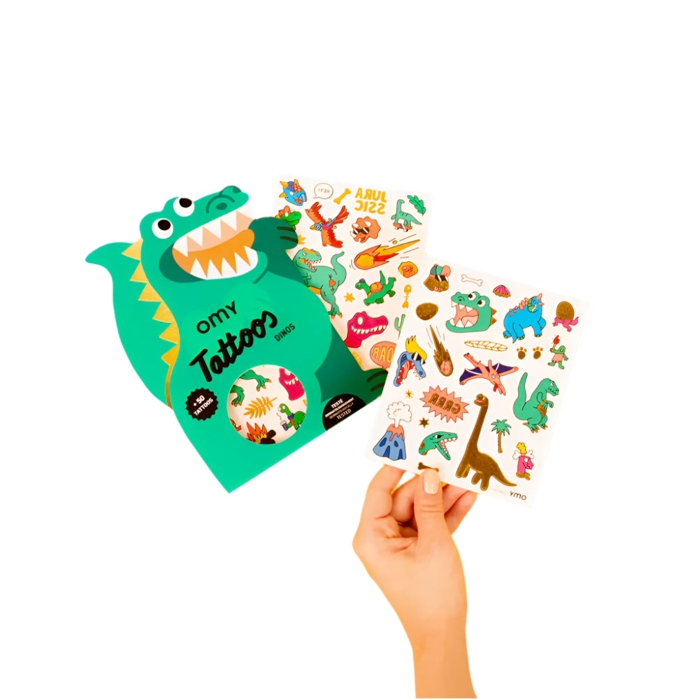 Dinos temporary tattoos set with 50 fun neon, gold, and colorful dinosaur designs, safe for kids – Funky Confetti