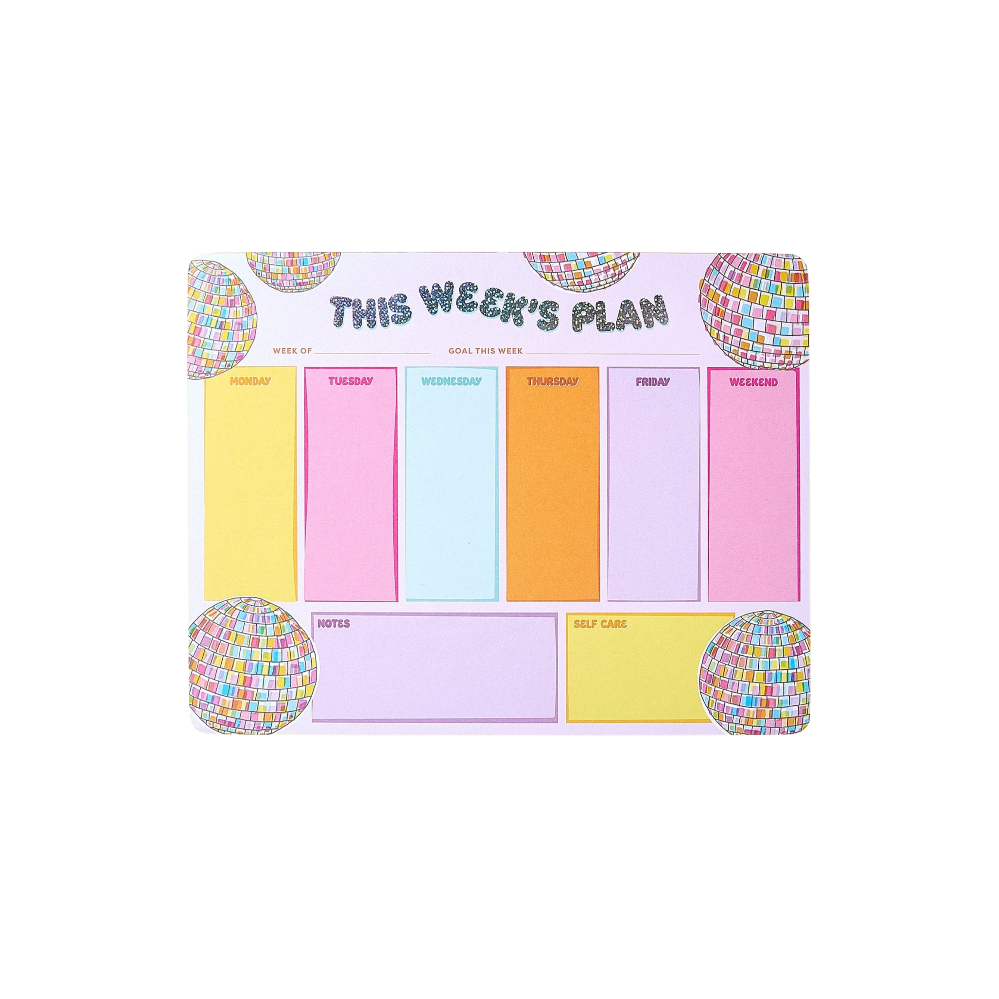 Colorful disco-themed weekly planner pad with sections for weekdays, weekend, notes, and self-care – Funky Confetti