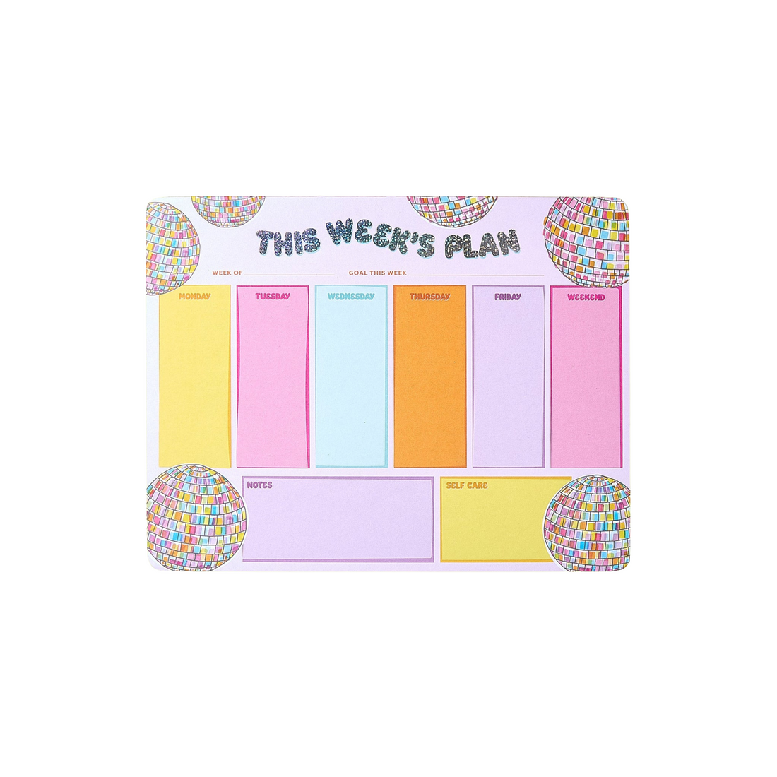 Colorful disco-themed weekly planner pad with sections for weekdays, weekend, notes, and self-care – Funky Confetti