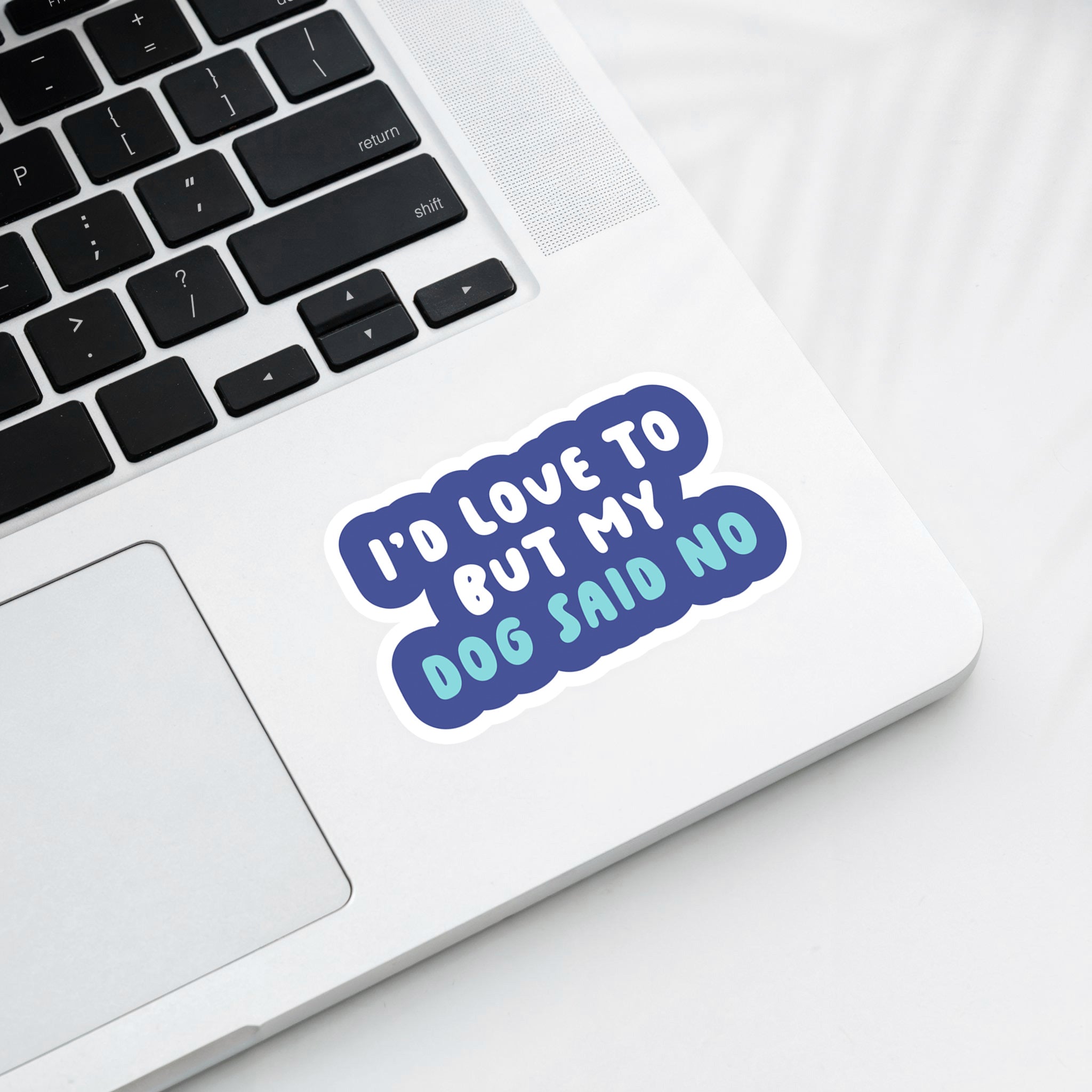 Vinyl sticker with phrase “I’d Love To But My Dog Said No” in bold blue and teal typography – Funky Confetti