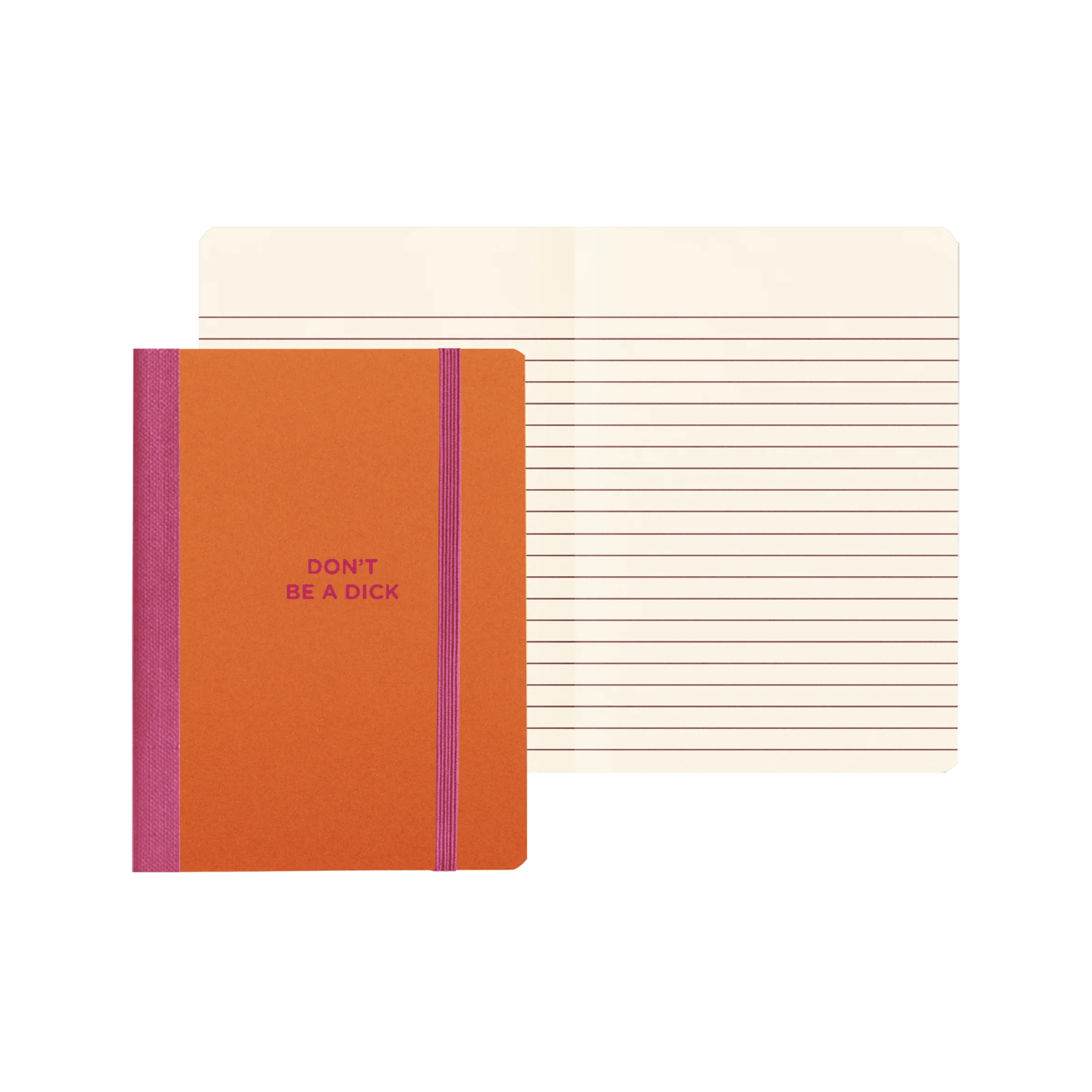 Mini notebook with orange cover and pink "Don’t Be a D*ck" text, pink spine and elastic band – Funky Confetti