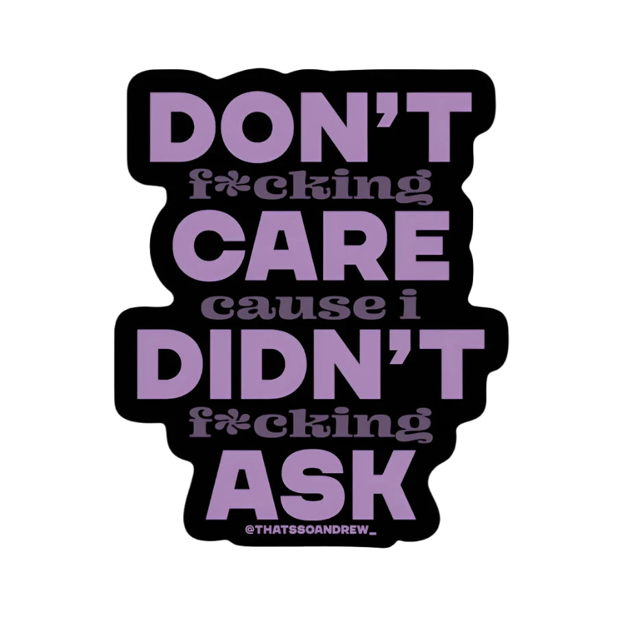 Black vinyl sticker with bold lavender text saying “Don’t care cause I didn’t ask” – Funky Confetti attitude sticker