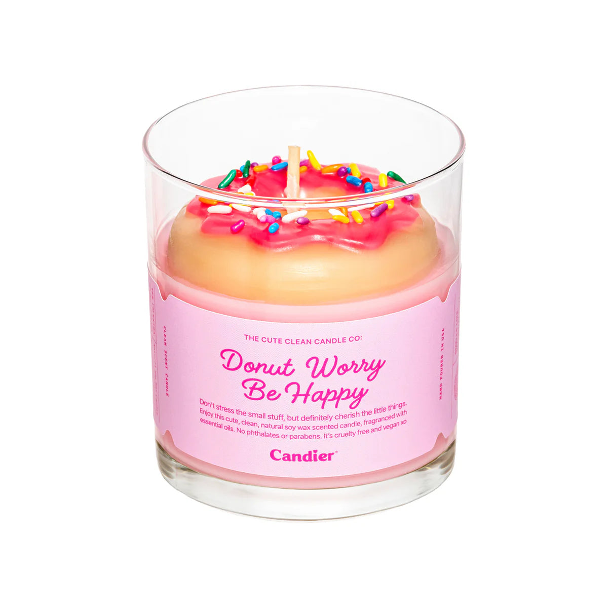 Donut Worry Be Happy Candle with wax strawberry donut and sprinkles – Funky Confetti