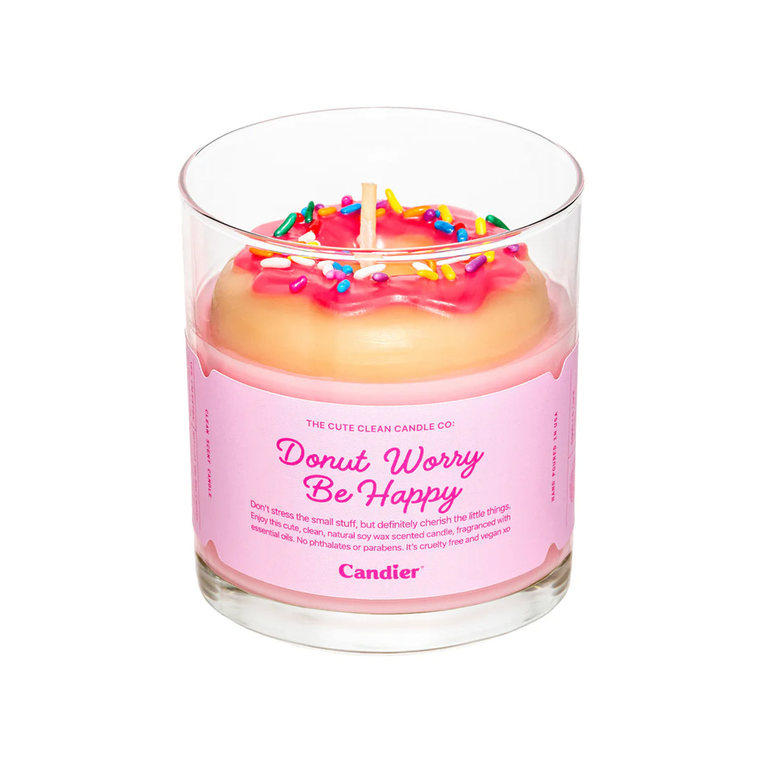 Donut Worry Be Happy Candle with wax strawberry donut and sprinkles – Funky Confetti