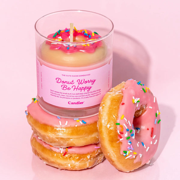 Donut Worry Be Happy Candle with wax strawberry donut and sprinkles – Funky Confetti