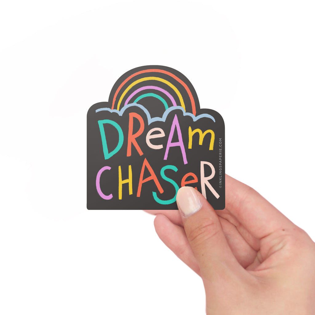 Dream Chaser vinyl sticker with rainbow and colorful text – Funky Confetti