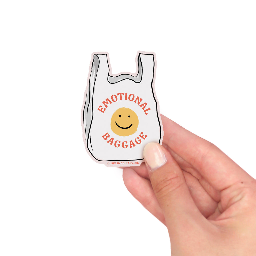 Emotional Baggage vinyl sticker shaped like a plastic bag with smiley face – Funky Confetti