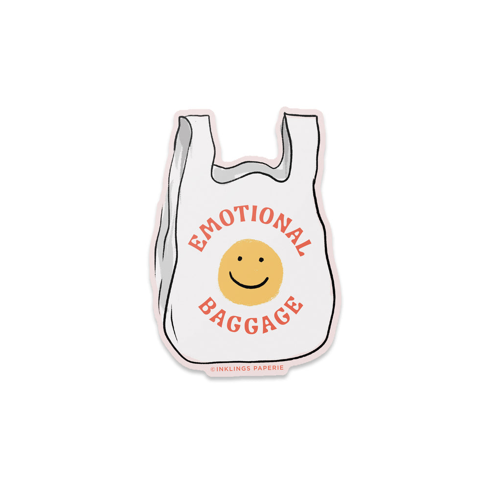 Emotional Baggage vinyl sticker shaped like a plastic bag with smiley face – Funky Confetti