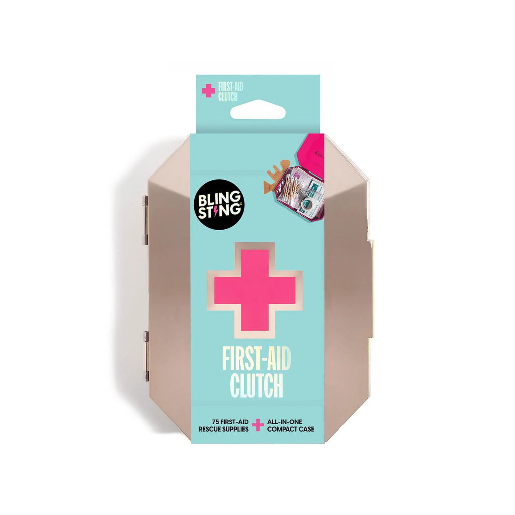 Metallic gemstone-shaped first-aid kit clutch with 75 emergency supplies from Funky Confetti