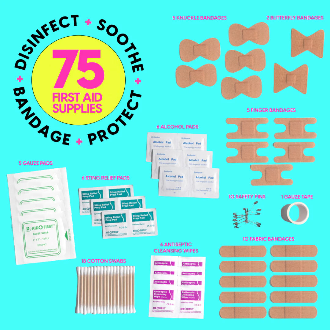 Metallic gemstone-shaped first-aid kit clutch with 75 emergency supplies from Funky Confetti