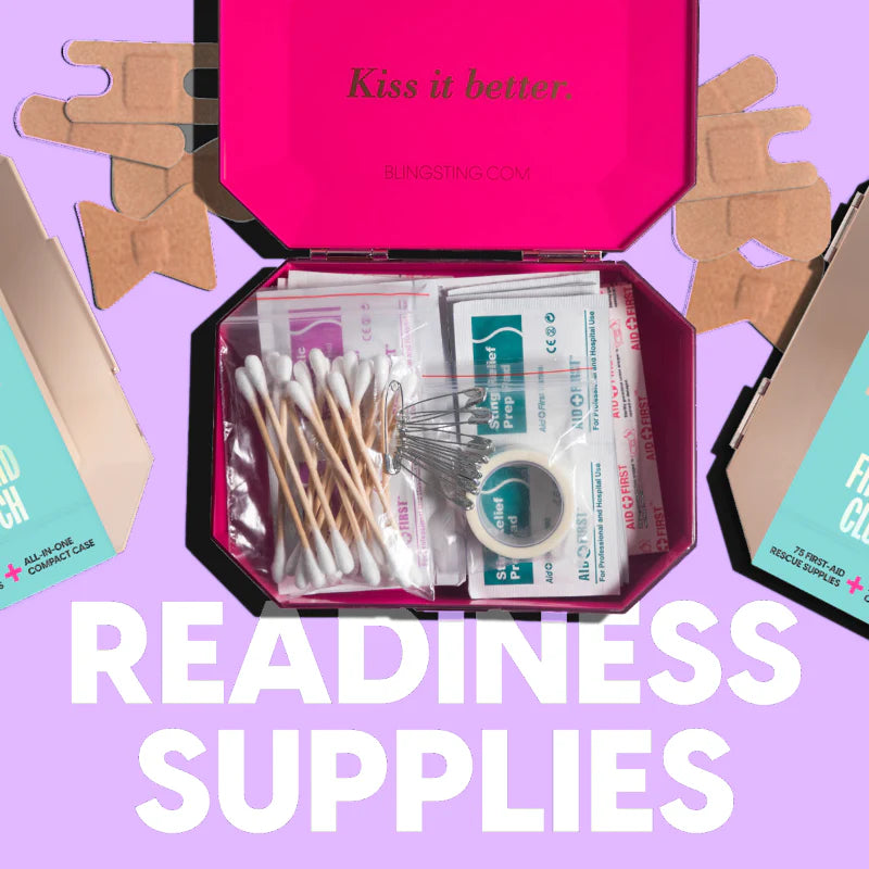 Metallic gemstone-shaped first-aid kit clutch with 75 emergency supplies from Funky Confetti