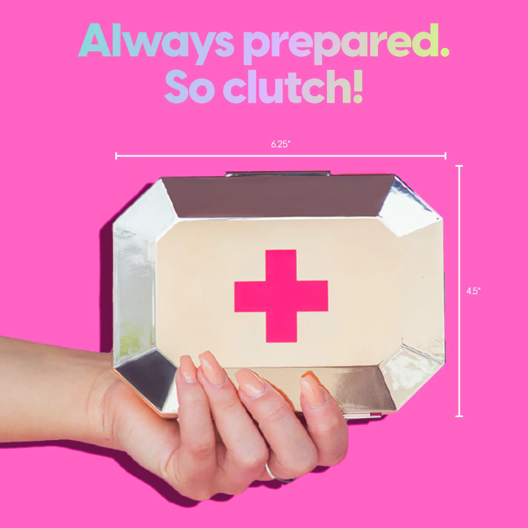 Metallic gemstone-shaped first-aid kit clutch with 75 emergency supplies from Funky Confetti