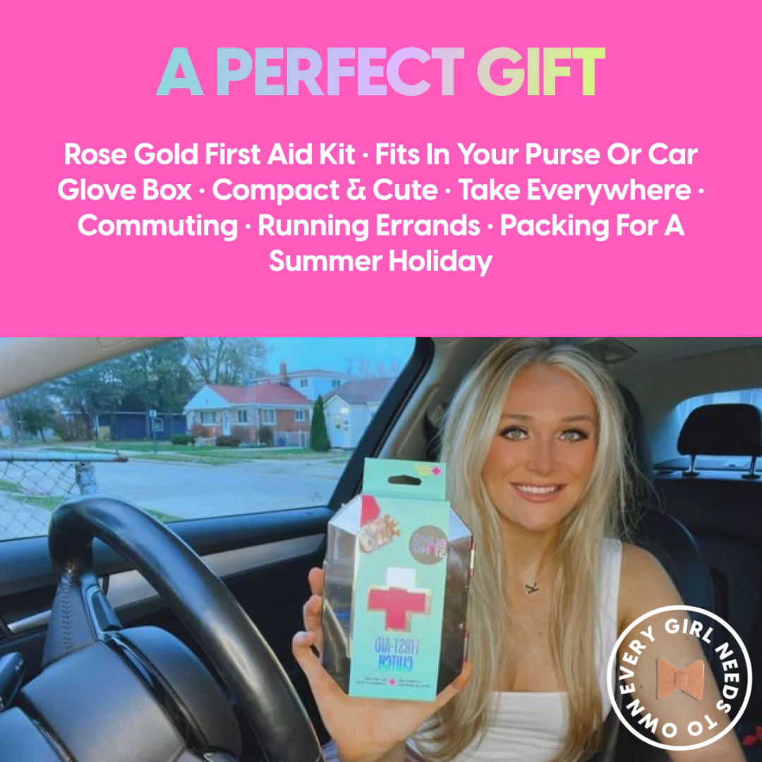 Metallic gemstone-shaped first-aid kit clutch with 75 emergency supplies from Funky Confetti