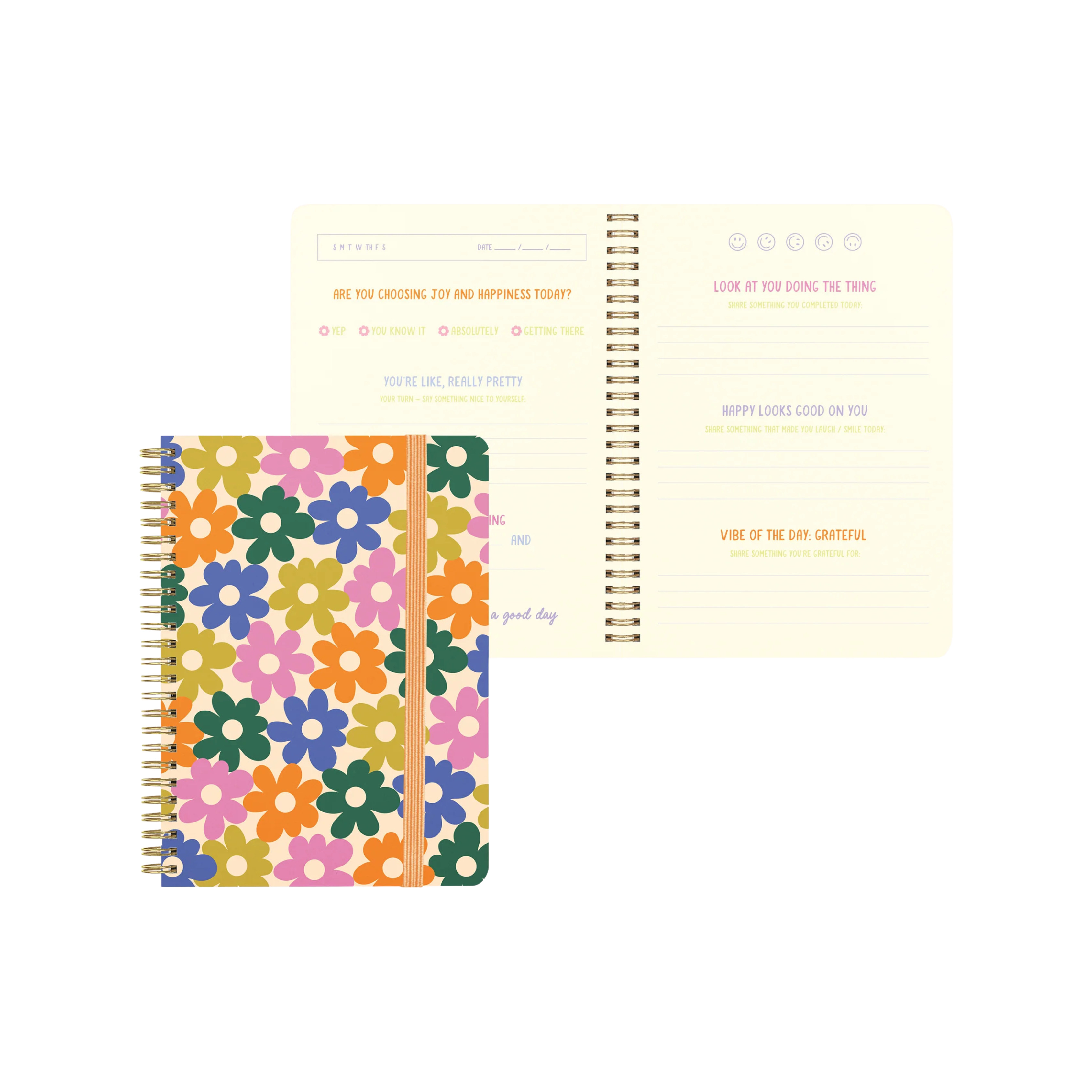 Mini floral gratitude journal with colorful daisy cover and gold spiral – Funky Confetti